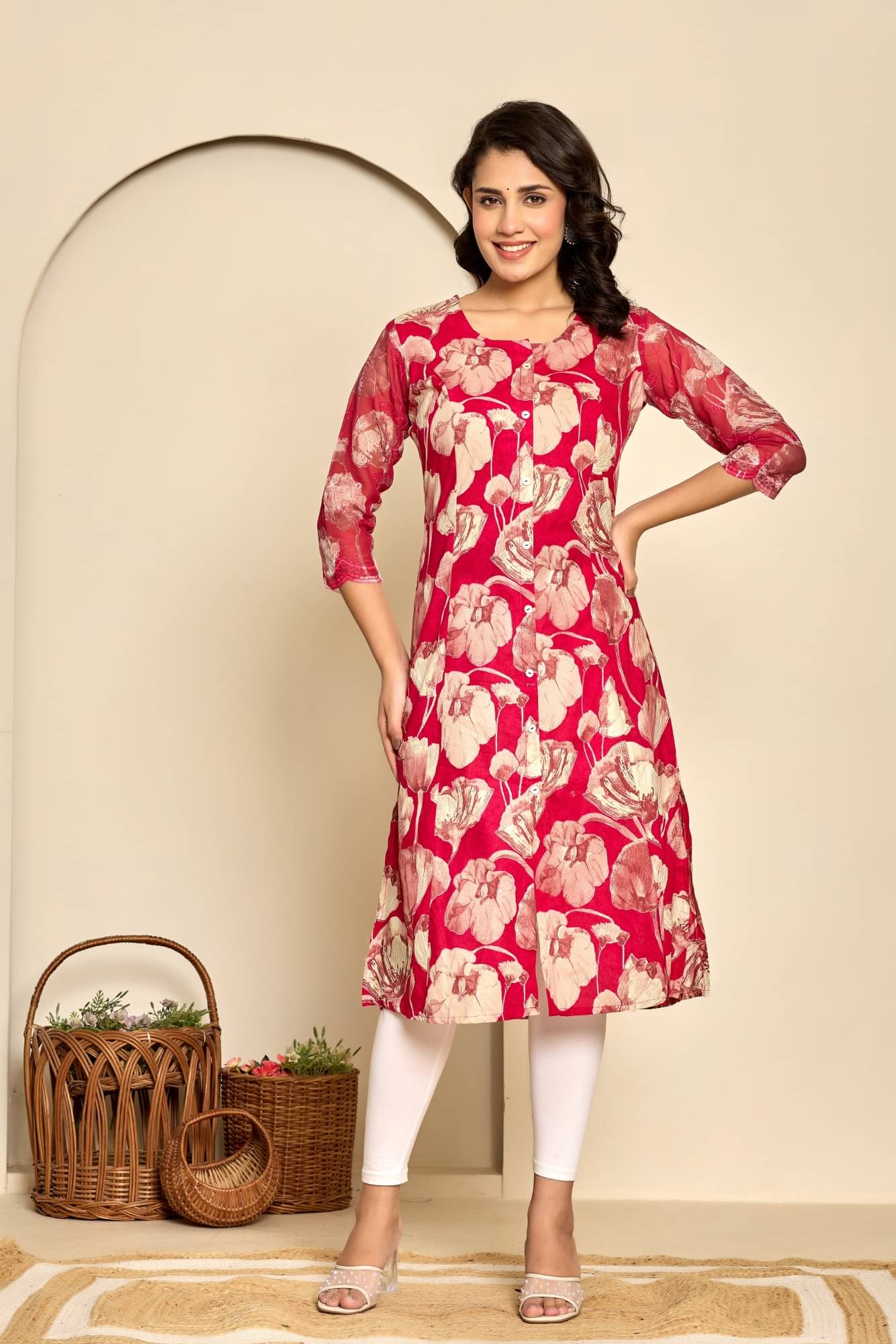 Adaa Women Cotton Printed A-line Kurti ( Pink )     			Adaa Women Cotton Printed A-line Kurti ( Pink )