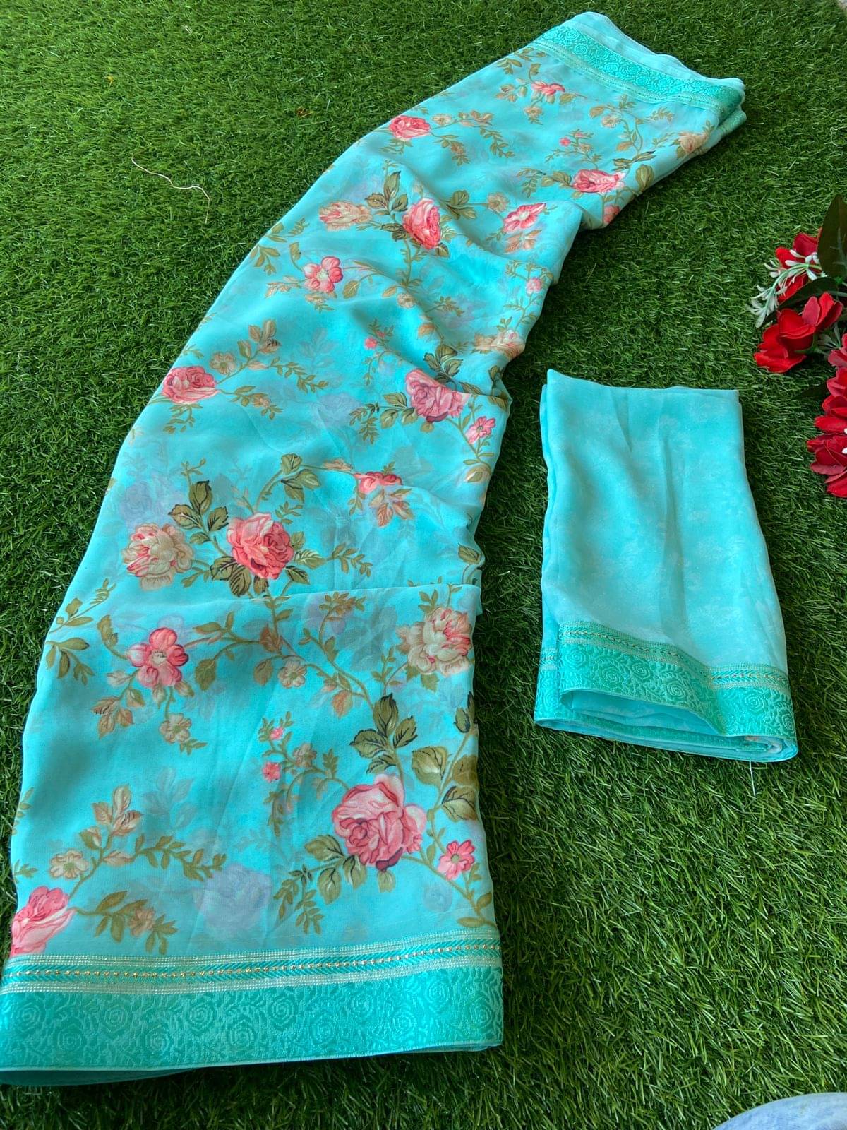     			Bhavika Georgette Printed Saree With Stitched Blouse ( rama )