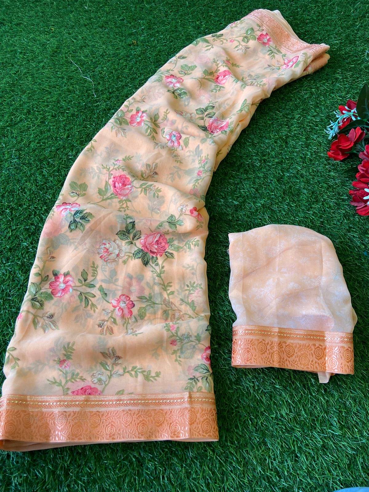     			Bhavika Georgette Printed Saree With Stitched Blouse ( peach )