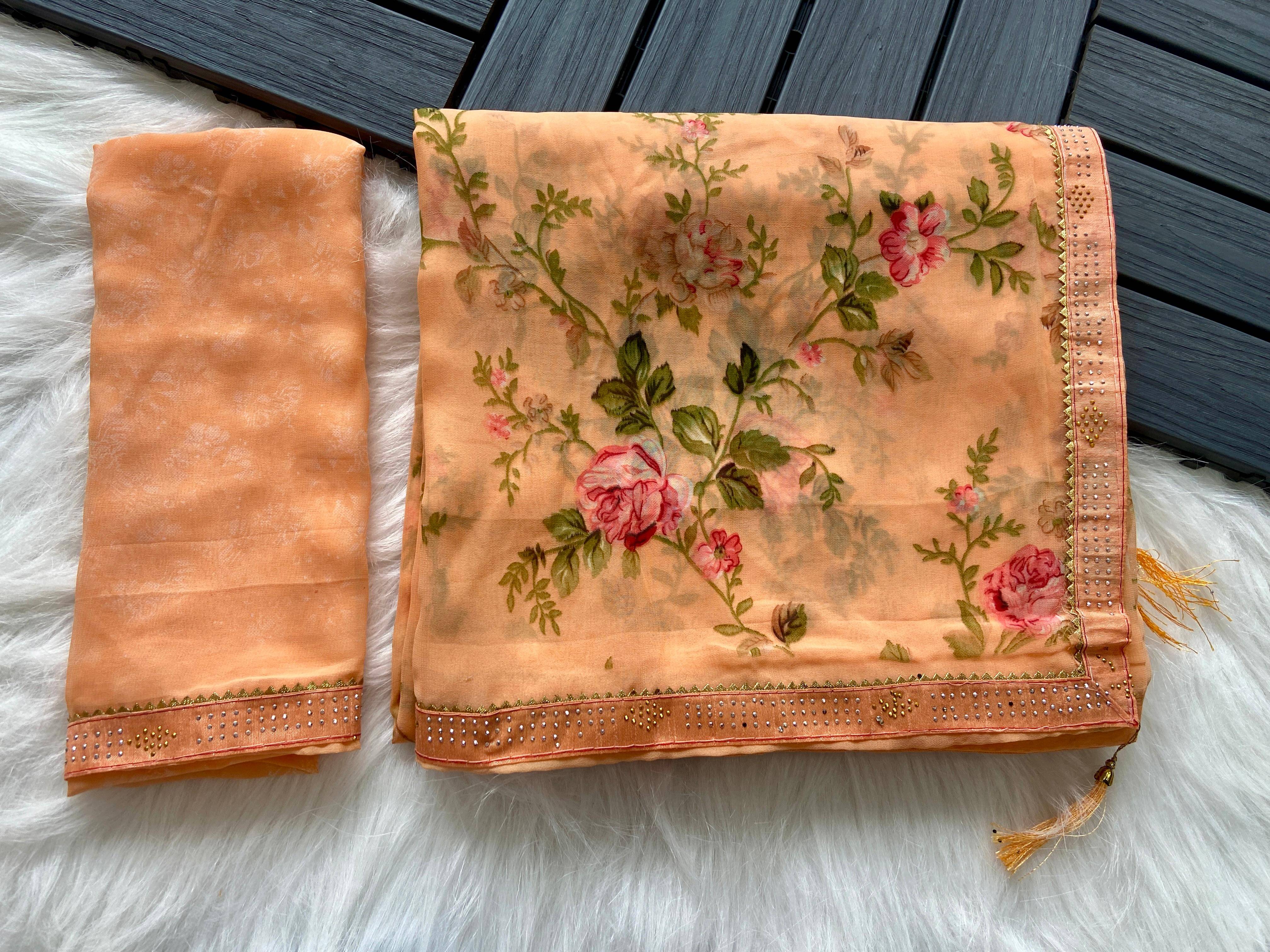 Bhavika Georgette Printed Saree With Stitched Blouse ( peach ) Bhavika Georgette Printed Saree With Stitched Blouse ( peach )