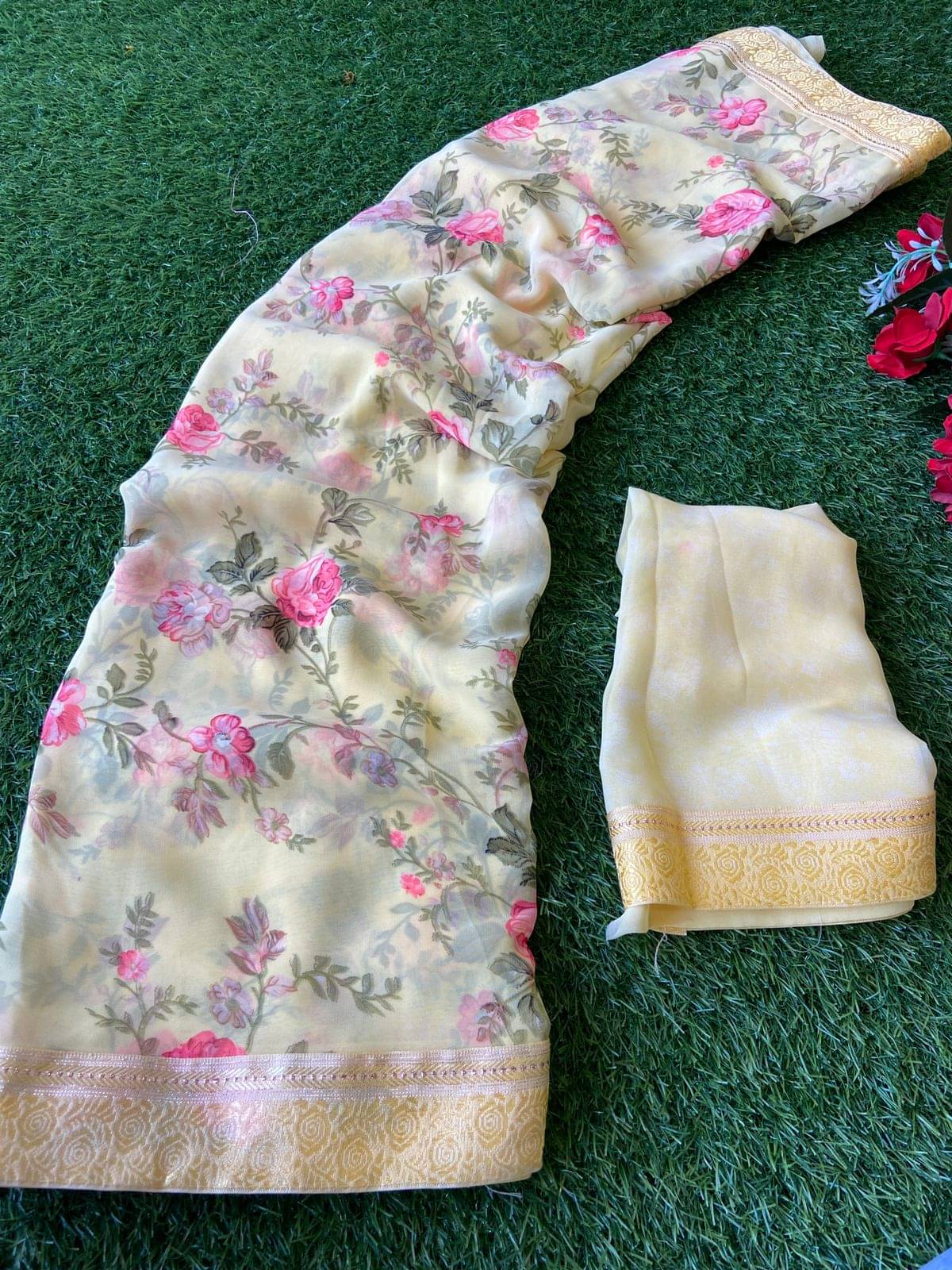     			Bhavika Georgette Printed Saree With Stitched Blouse ( yellow )