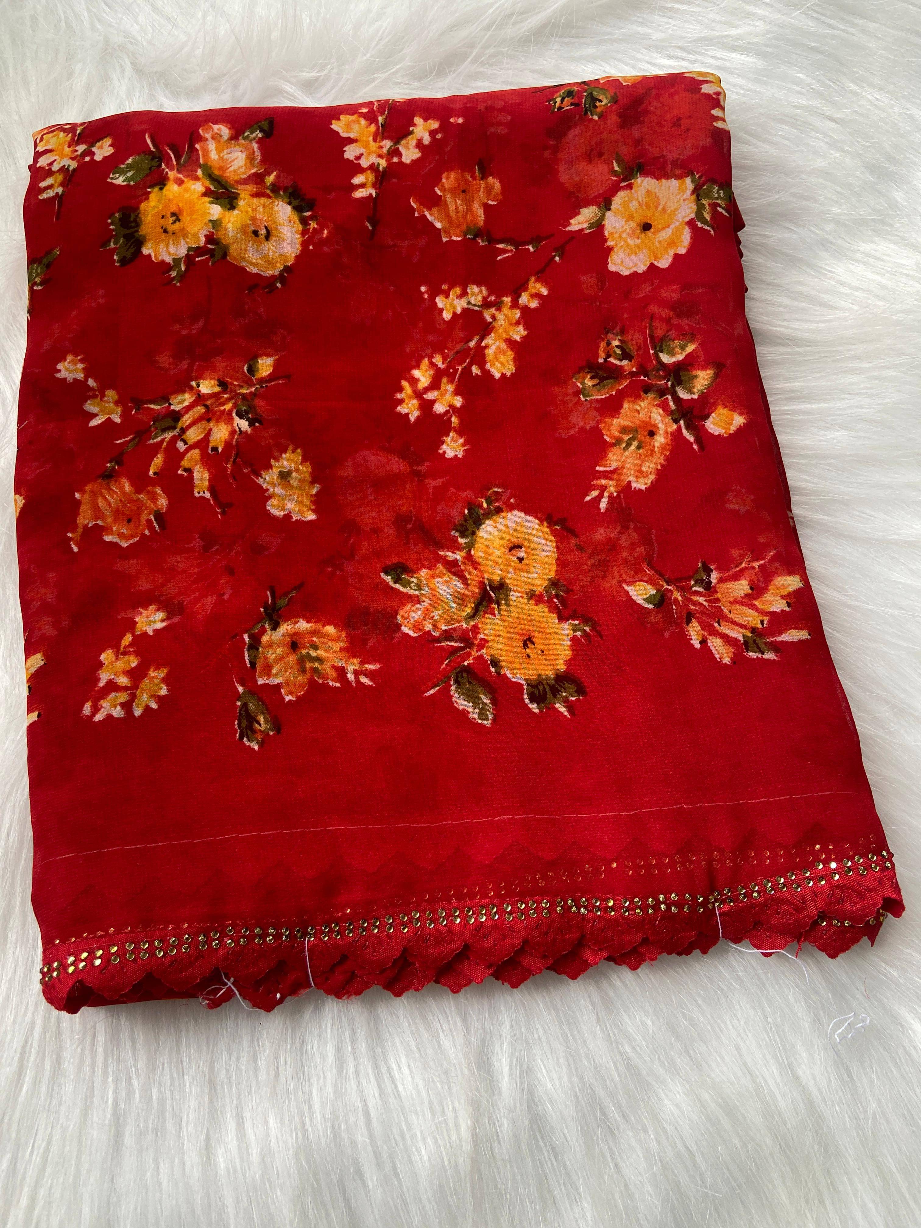 Bhavika Georgette Printed Saree With Stitched Blouse ( red ) Bhavika Georgette Printed Saree With Stitched Blouse ( red )
