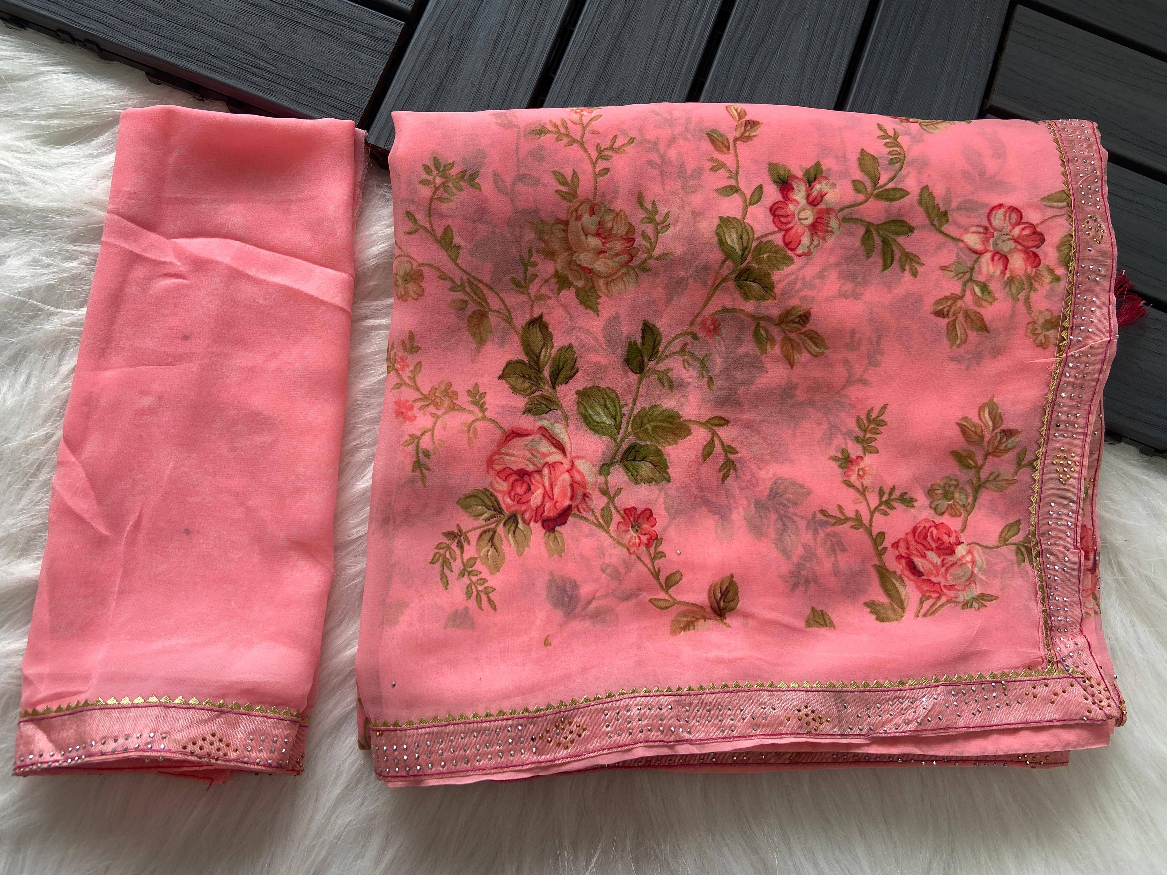     			Bhavika Georgette Printed Saree With Stitched Blouse ( Pink )