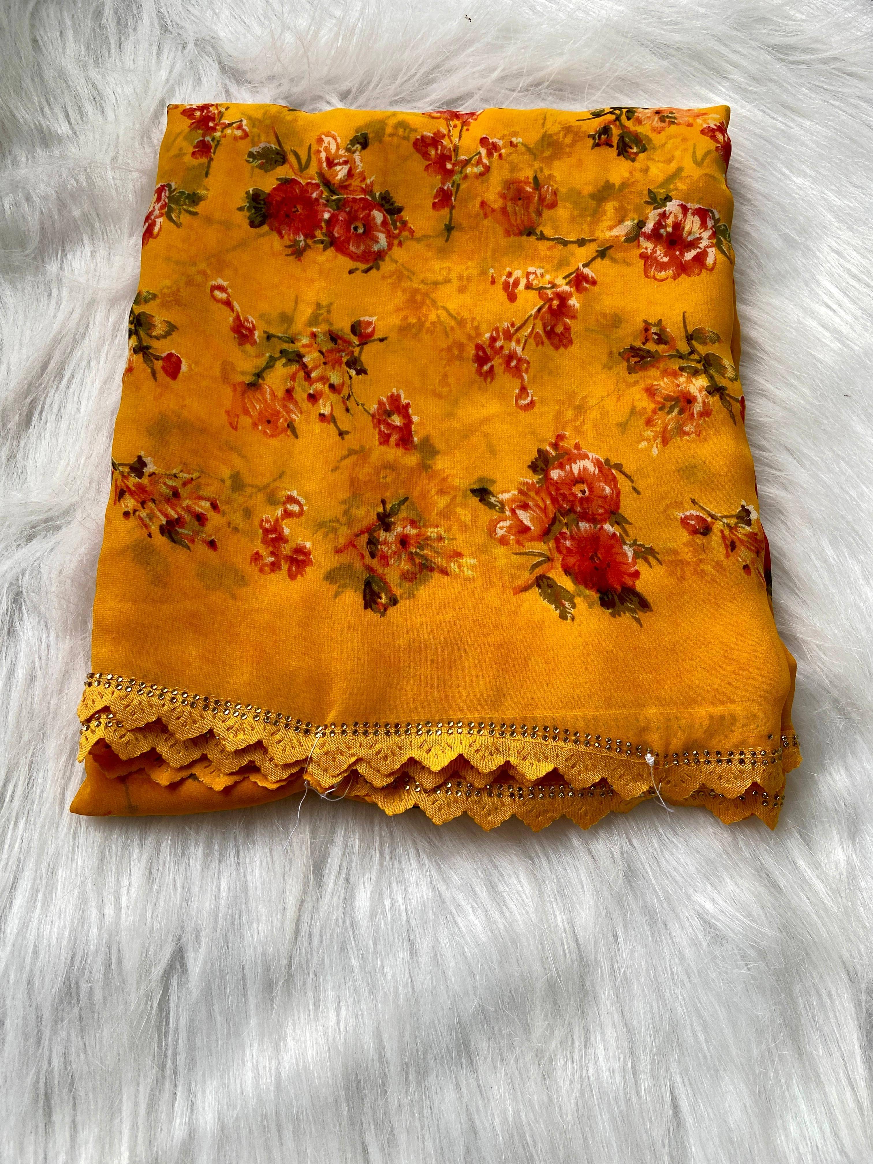 Bhavika Georgette Printed Saree With Stitched Blouse ( yellow ) Bhavika Georgette Printed Saree With Stitched Blouse ( yellow )