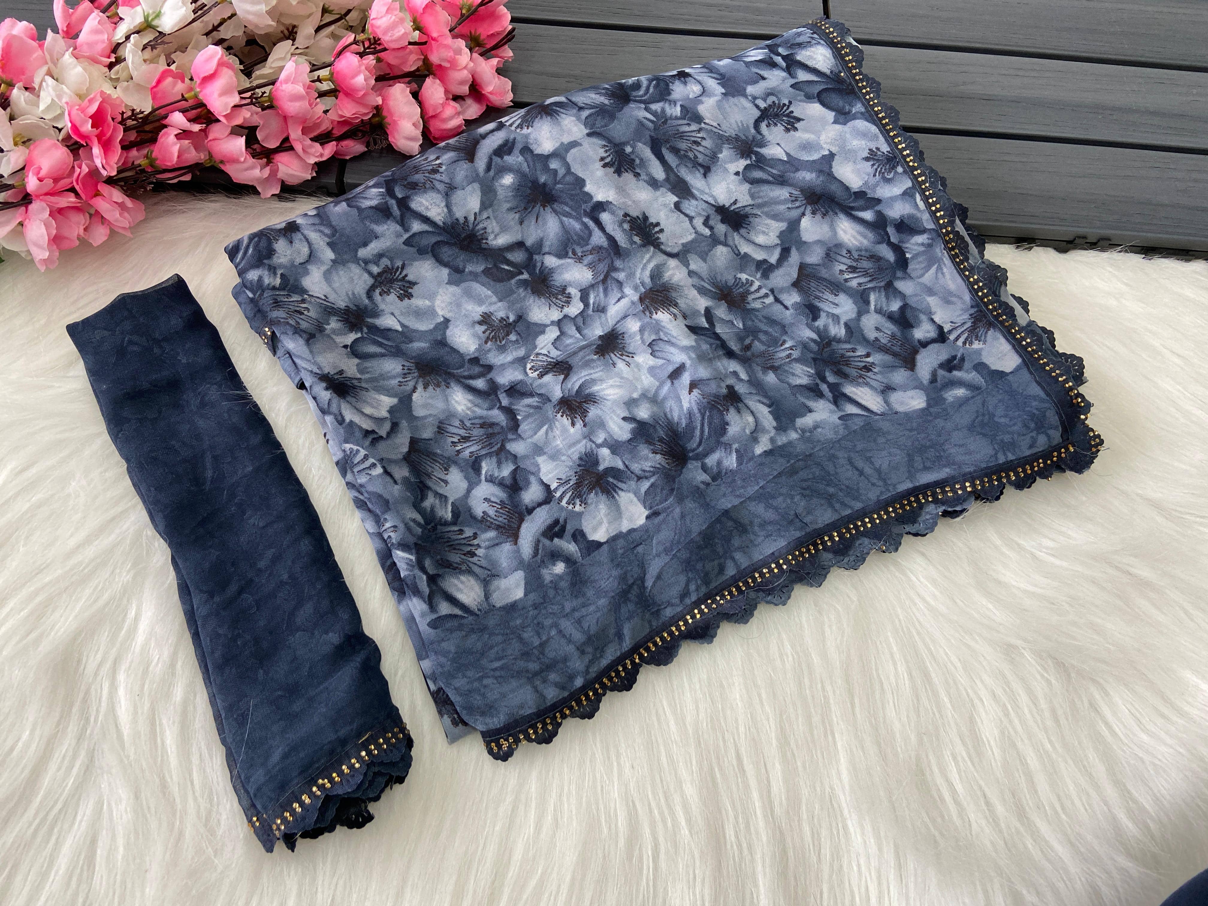 Bhavika Georgette Printed Saree With Stitched Blouse ( Grey ) - Sarees | Buy online on ZillyBuy