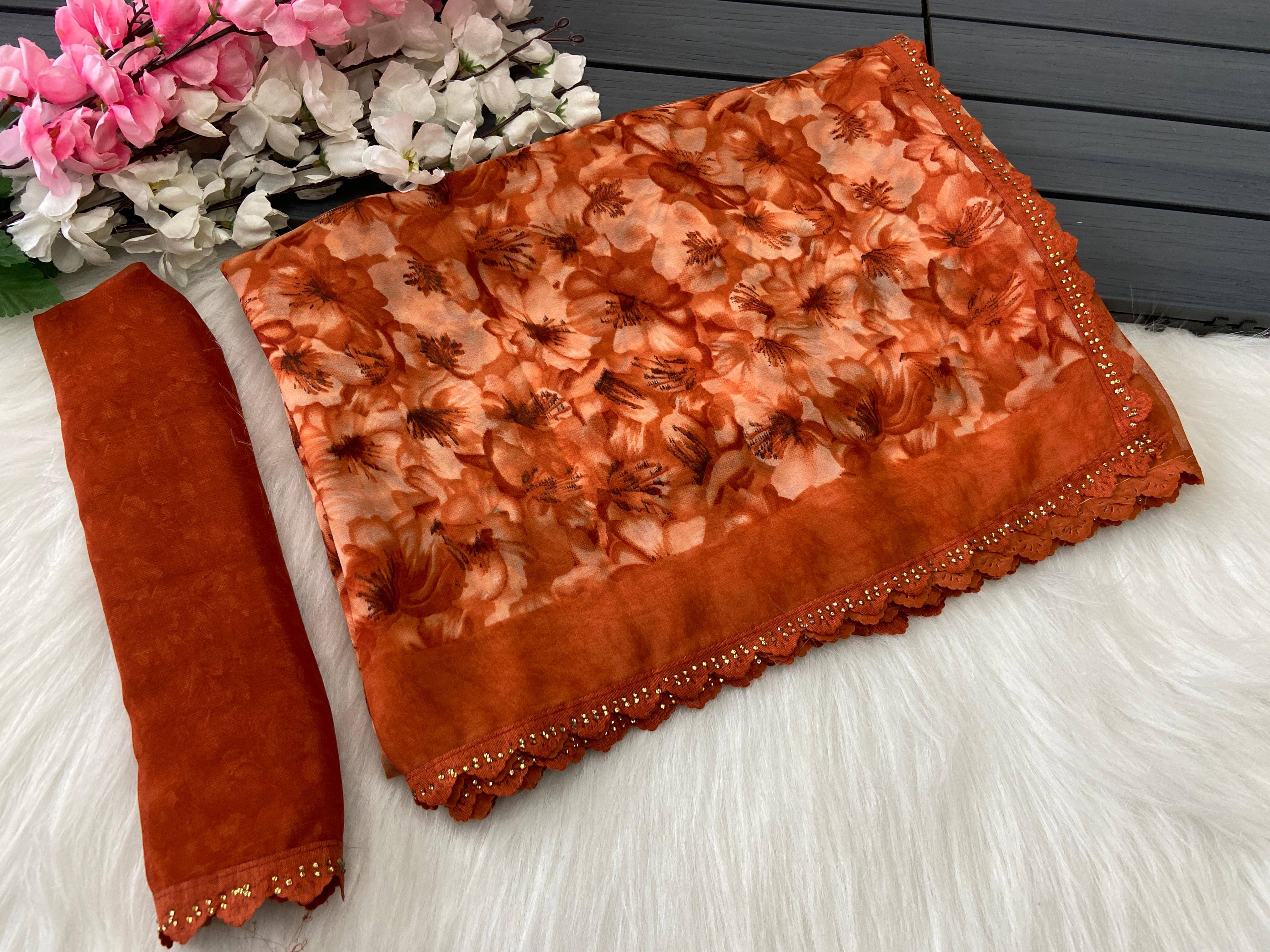 Bhavika Georgette Printed Saree With Stitched Blouse ( Rust ) Bhavika Georgette Printed Saree With Stitched Blouse ( Rust )
