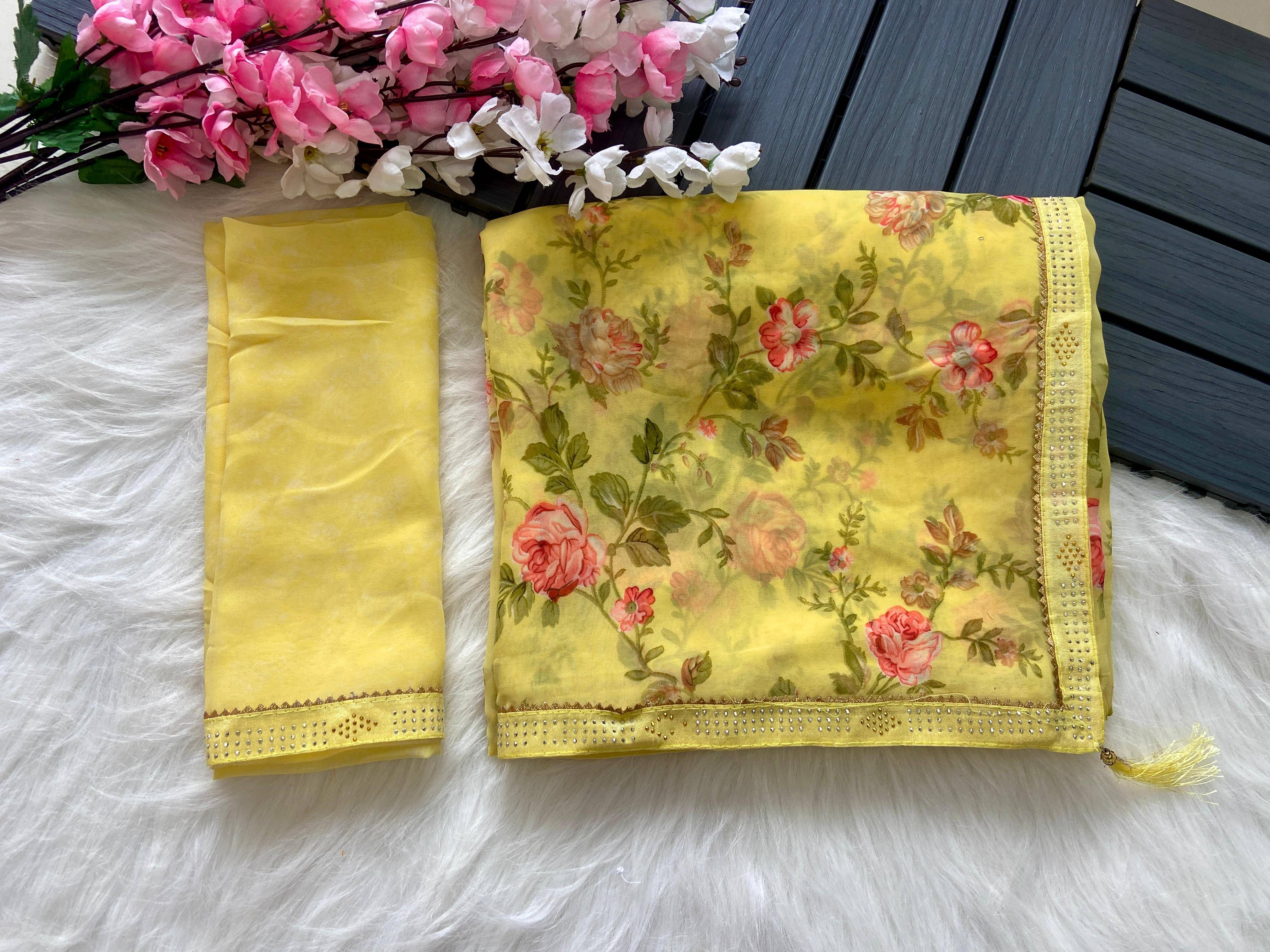     			Bhavika Georgette Printed Saree With Stitched Blouse ( Yellow )