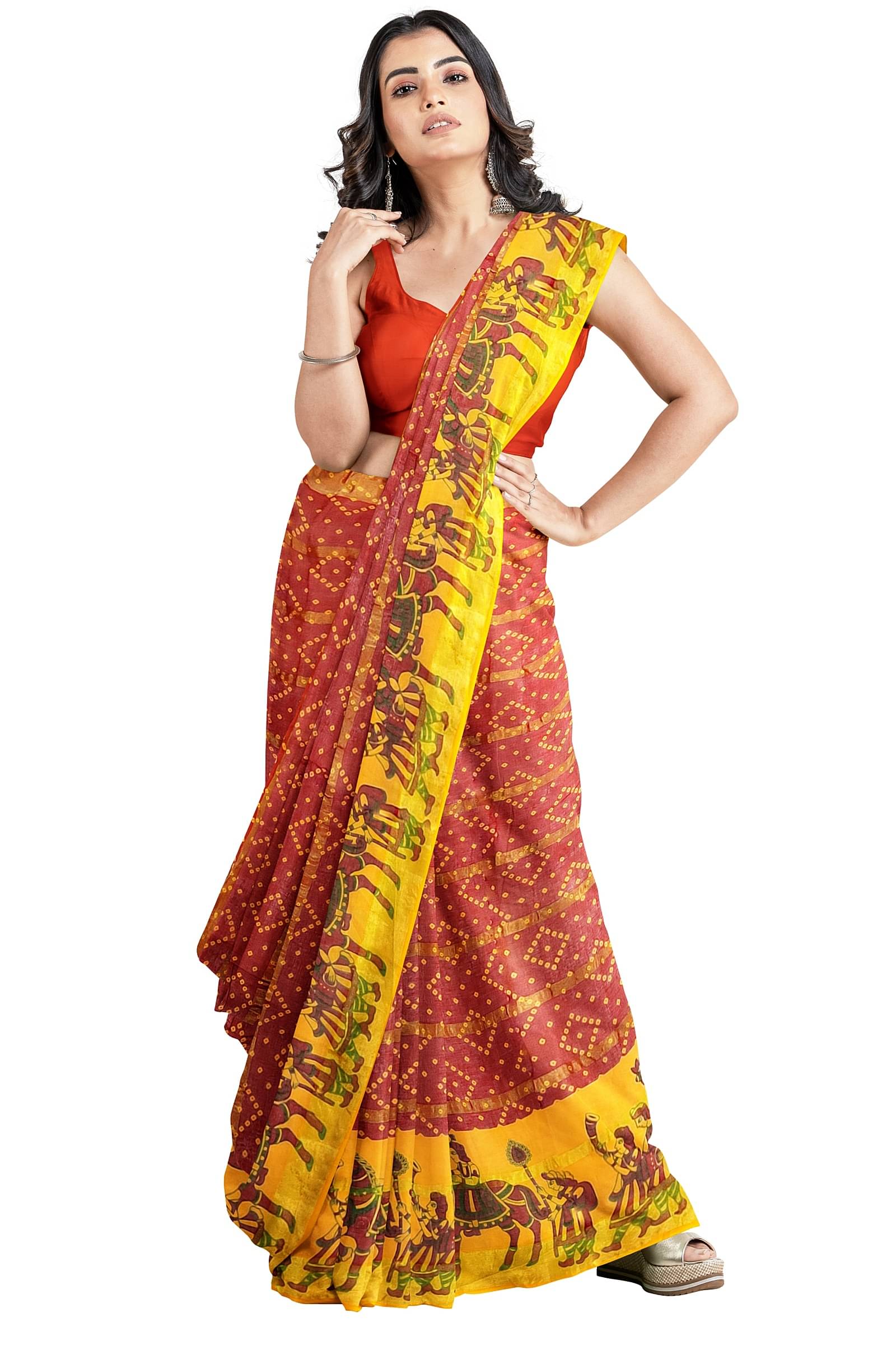 Dishita Cotton Printed Bandhani Sarees Without Blouse Piece ( Red ) Dishita Cotton Printed Bandhani Sarees Without Blouse Piece ( Red )