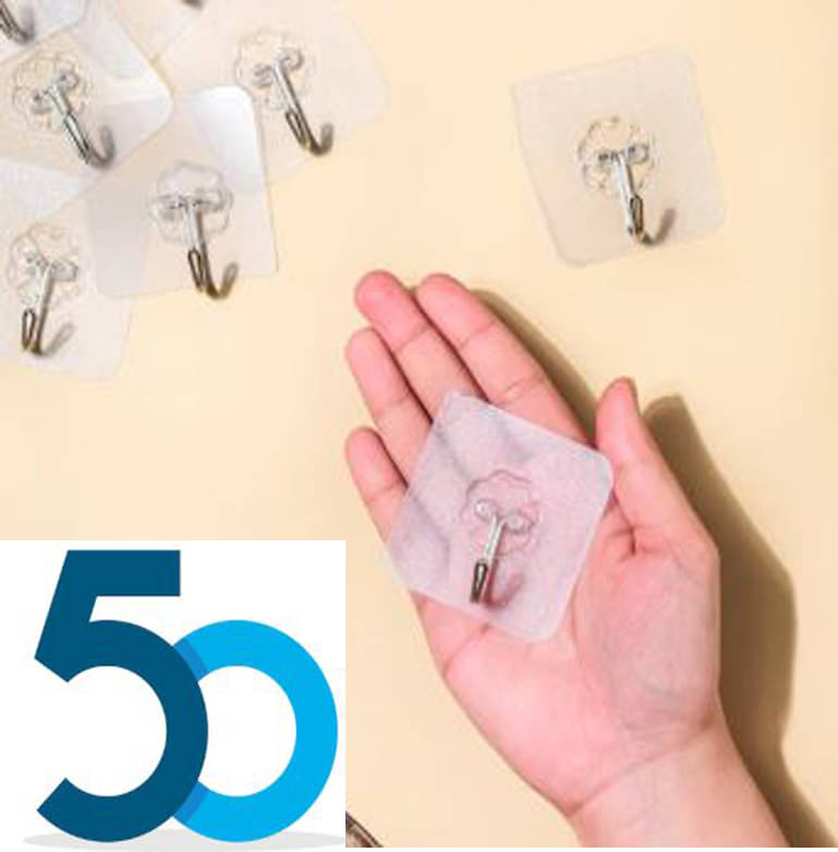     			Hooks for Wall Without Drilling, Waterproof Stick on Adhesive Stronger Plastic Wall Hooks Hangers for Hanging Robe, Coat, Towel, Keys, Bags, Lights, Calendars,Transparent Pack of 50
