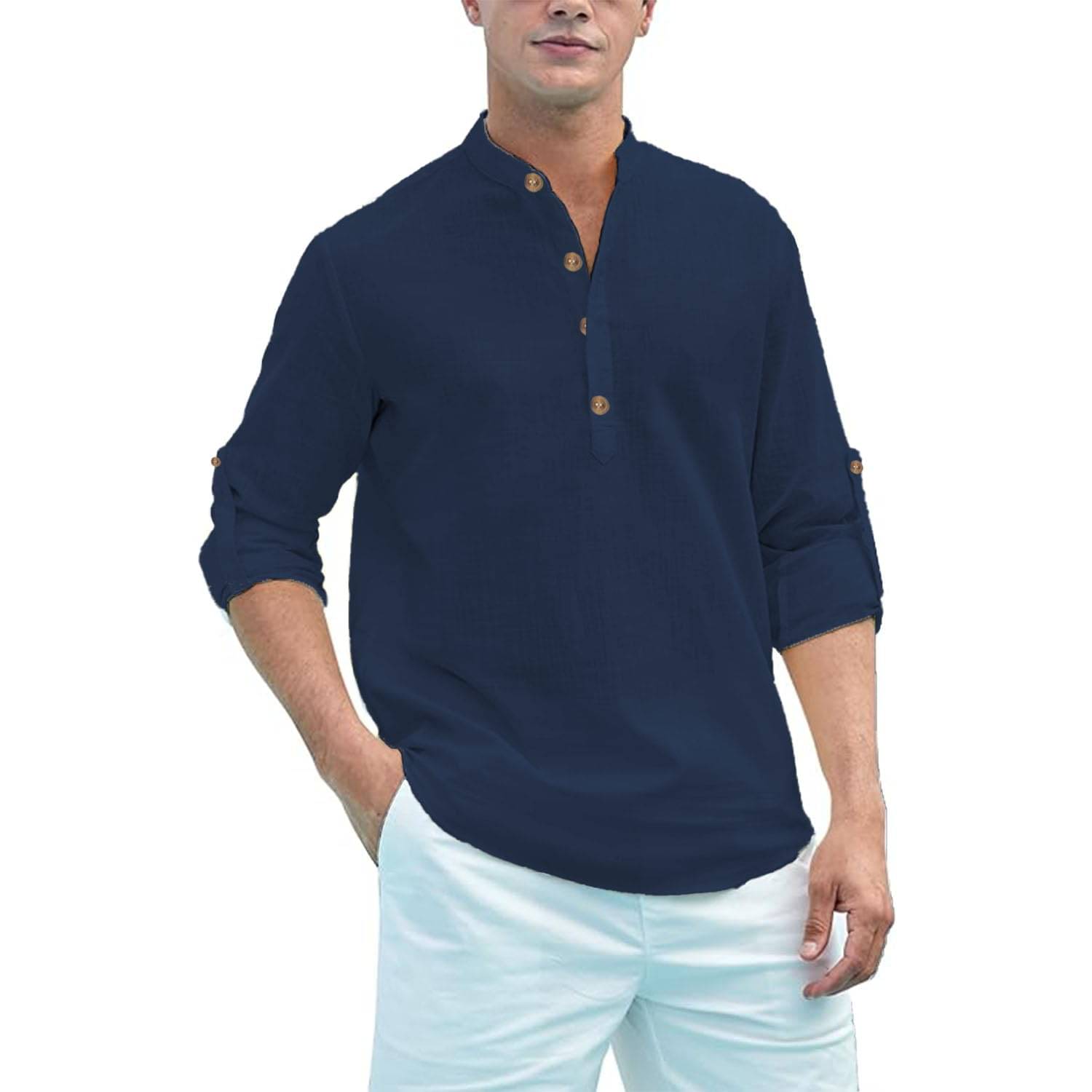 KNOWTED Navy Blue Cotton Men's Shirt Style Kurta ( Pack of 1 ) KNOWTED Navy Blue Cotton Men's Shirt Style Kurta ( Pack of 1 )