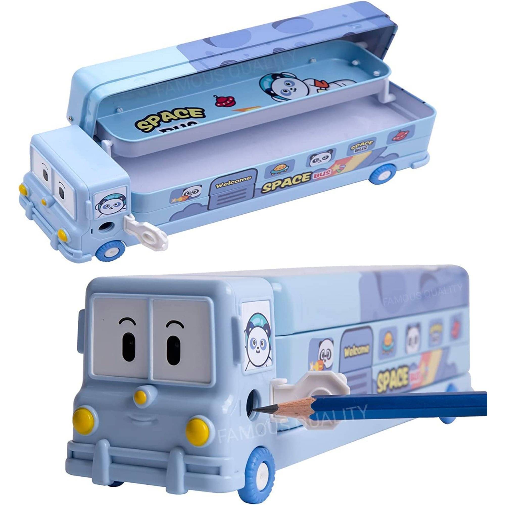     			Kadio 2 in 1 - Cartoon Printed School Bus Metal Pencil Box with Moving Tyres and Sharpener for Kids - Blue,Metal