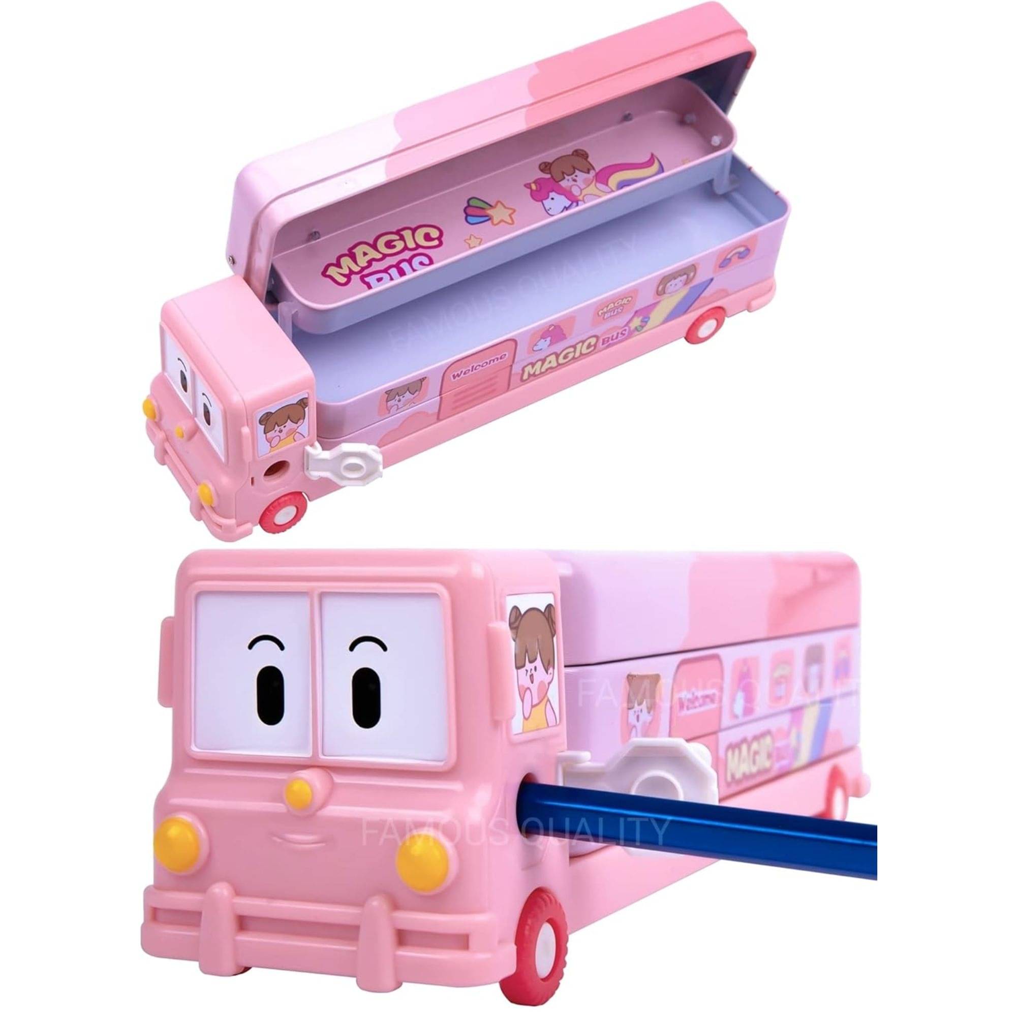     			Kadio 2 in 1 - Cartoon Printed School Bus Metal Pencil Box with Moving Tyres and Sharpener for Kids | Geometry Box (Color-Pink)