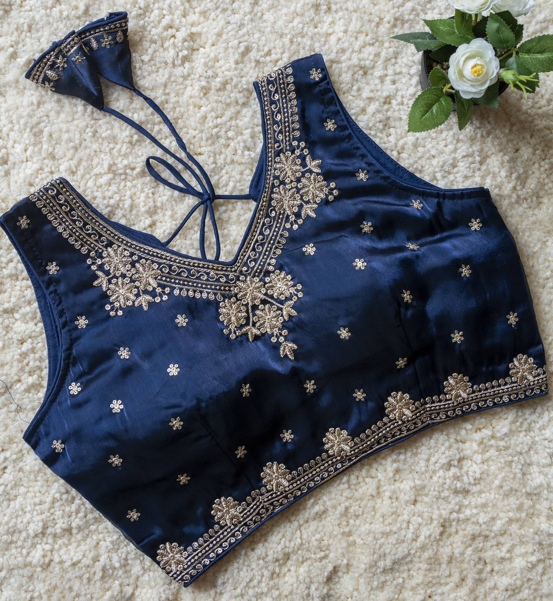     			Modern Mughals Navy Blue Readymade with Pad Silk Blend Women's Blouse ( Pack of 1 )