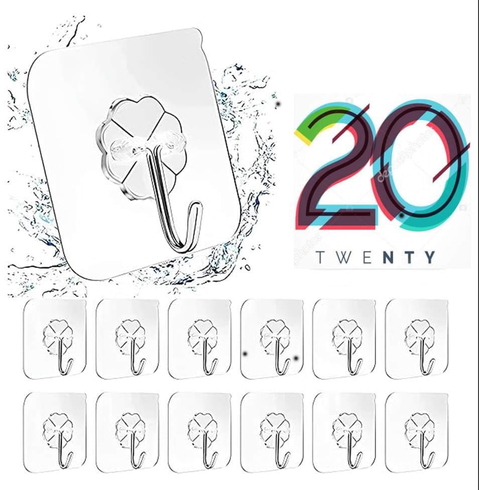     			Pack of 20 Wall Hooks Without Drilling Waterproof Self-Adhesive Wall Heavy Duty Stick Hook for Bathroom Shower Kitchen Keys Door Outdoor Home Improvement (Flower Hook, Transparent) (20)