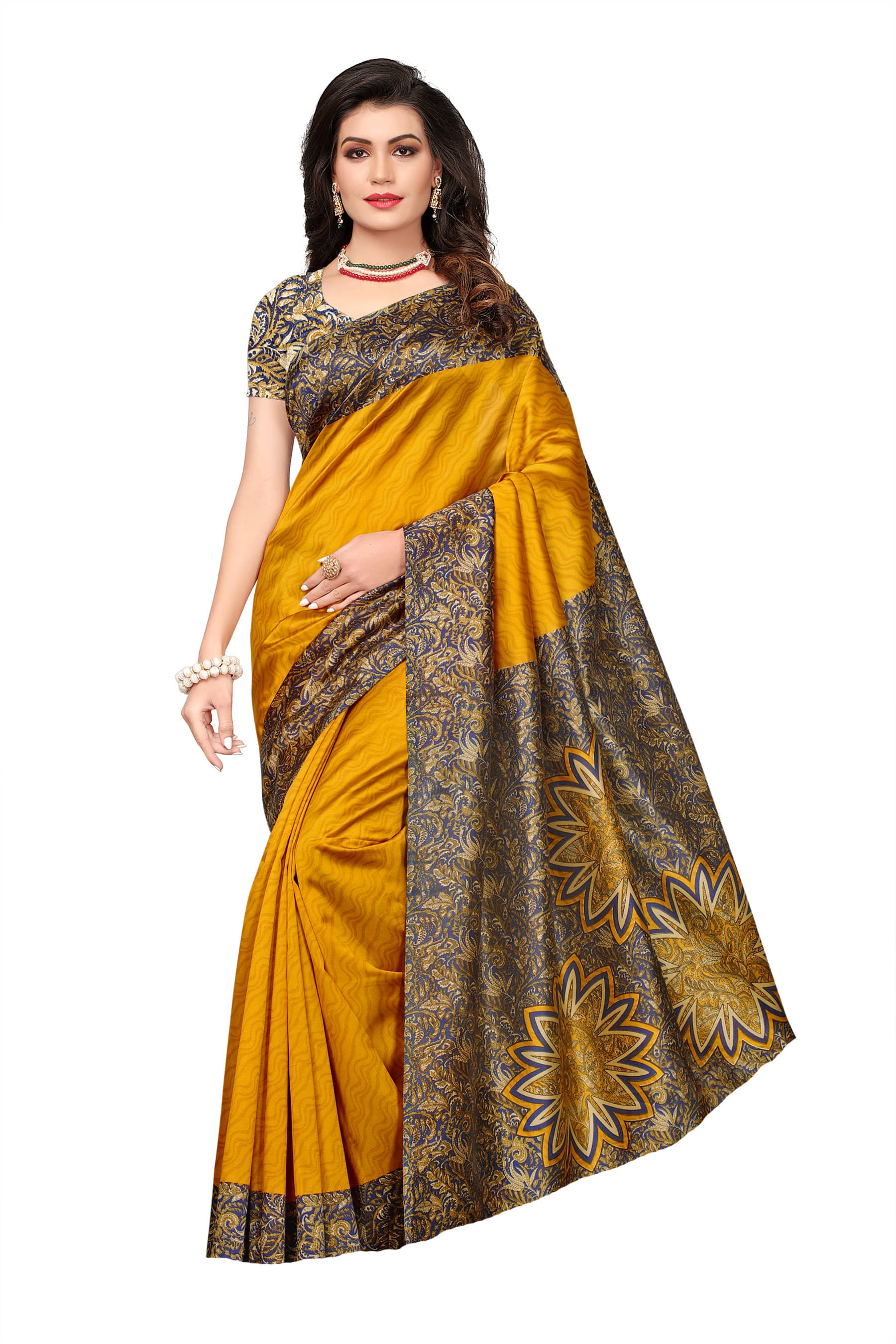     			Samai Art Silk Printed Saree With Unstitched Blouse Piece ( Yellow )