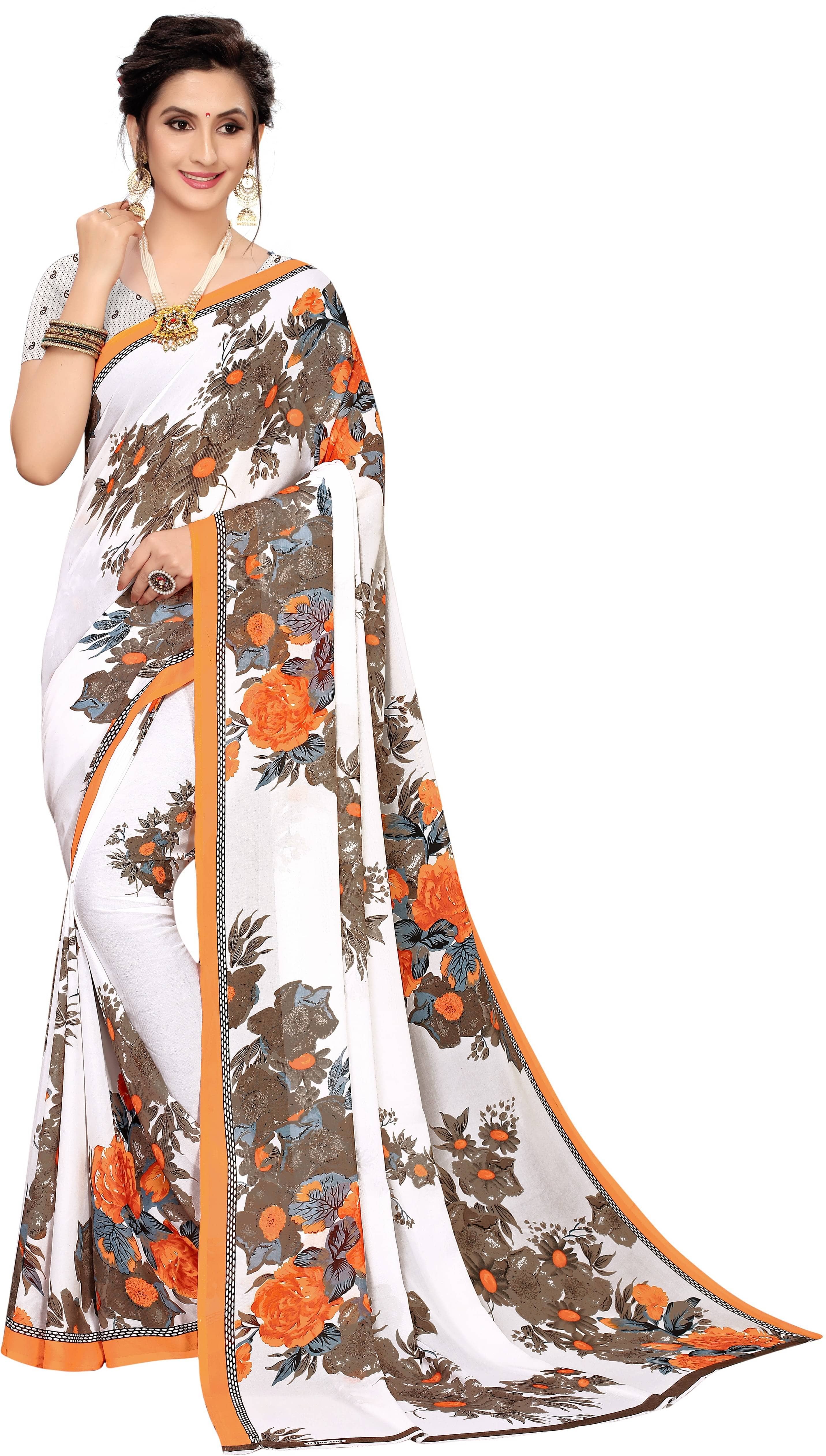 Samai Art Silk Printed Saree With Unstitched Blouse Piece ( Orange ) - Sarees | Buy online on ZillyBuy