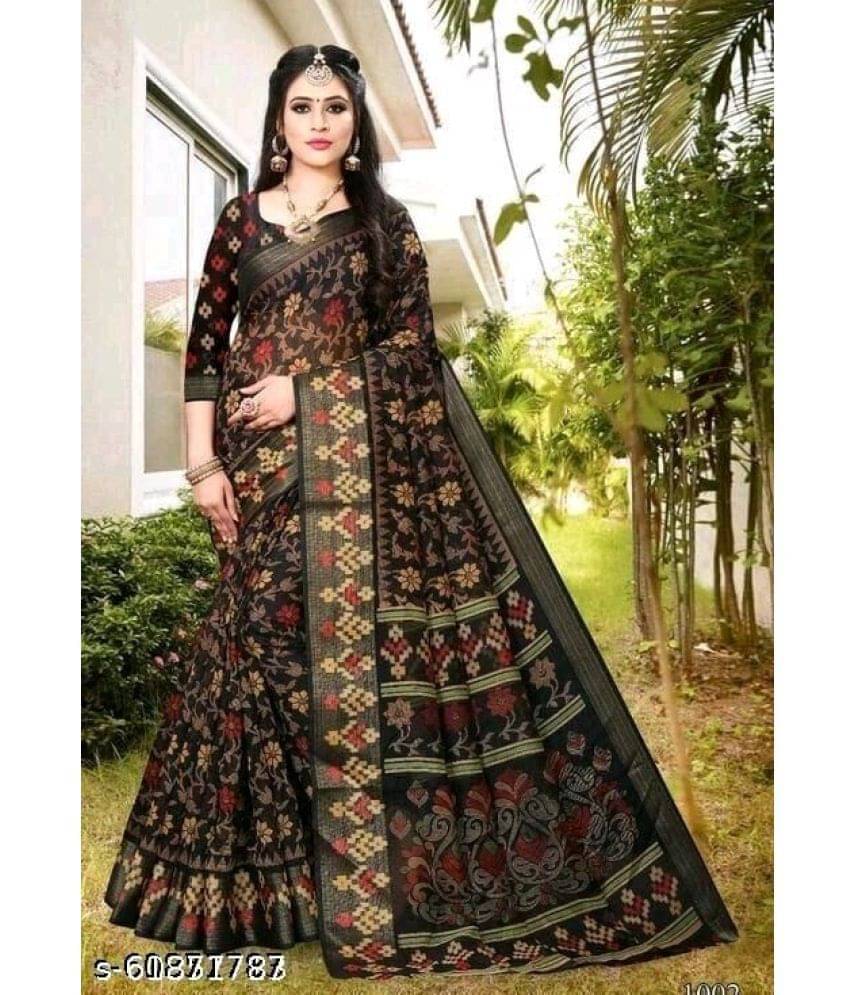     			Samai Cotton Silk Applique Saree With Unstitched Blouse Piece ( Black )