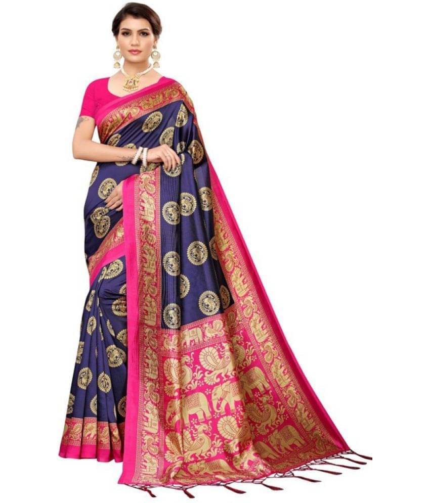     			Samai Cotton Silk Applique Saree With Unstitched Blouse Piece ( Blue )