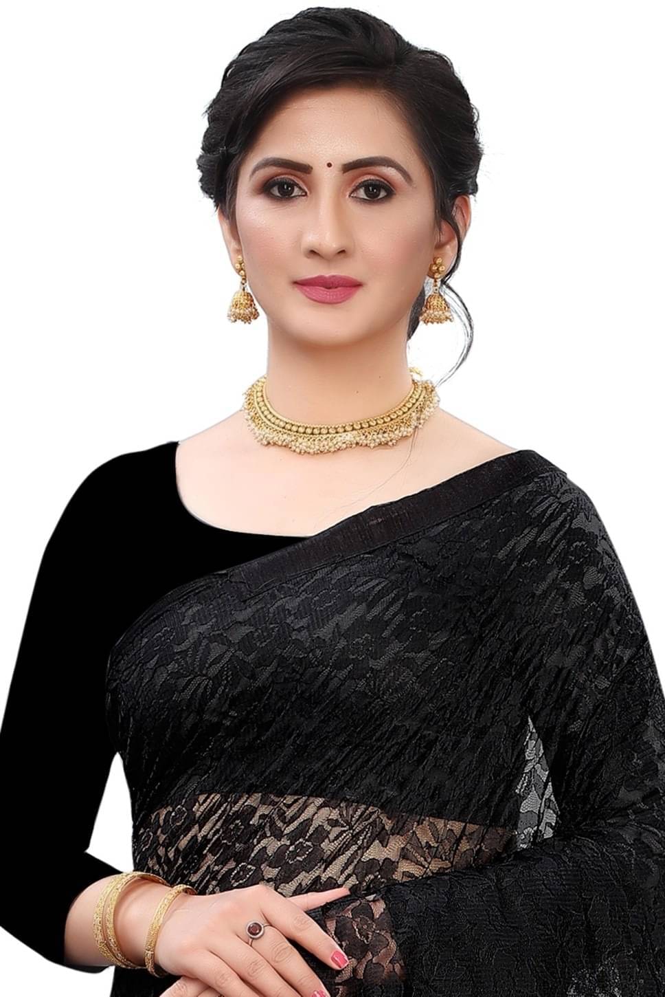     			Samai Cotton Silk Applique Saree With Unstitched Blouse Piece ( Black )