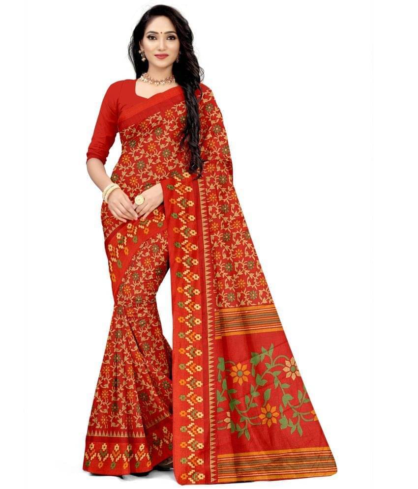 Samai Cotton Silk Applique Saree With Unstitched Blouse Piece ( Red ) Samai Cotton Silk Applique Saree With Unstitched Blouse Piece ( Red )