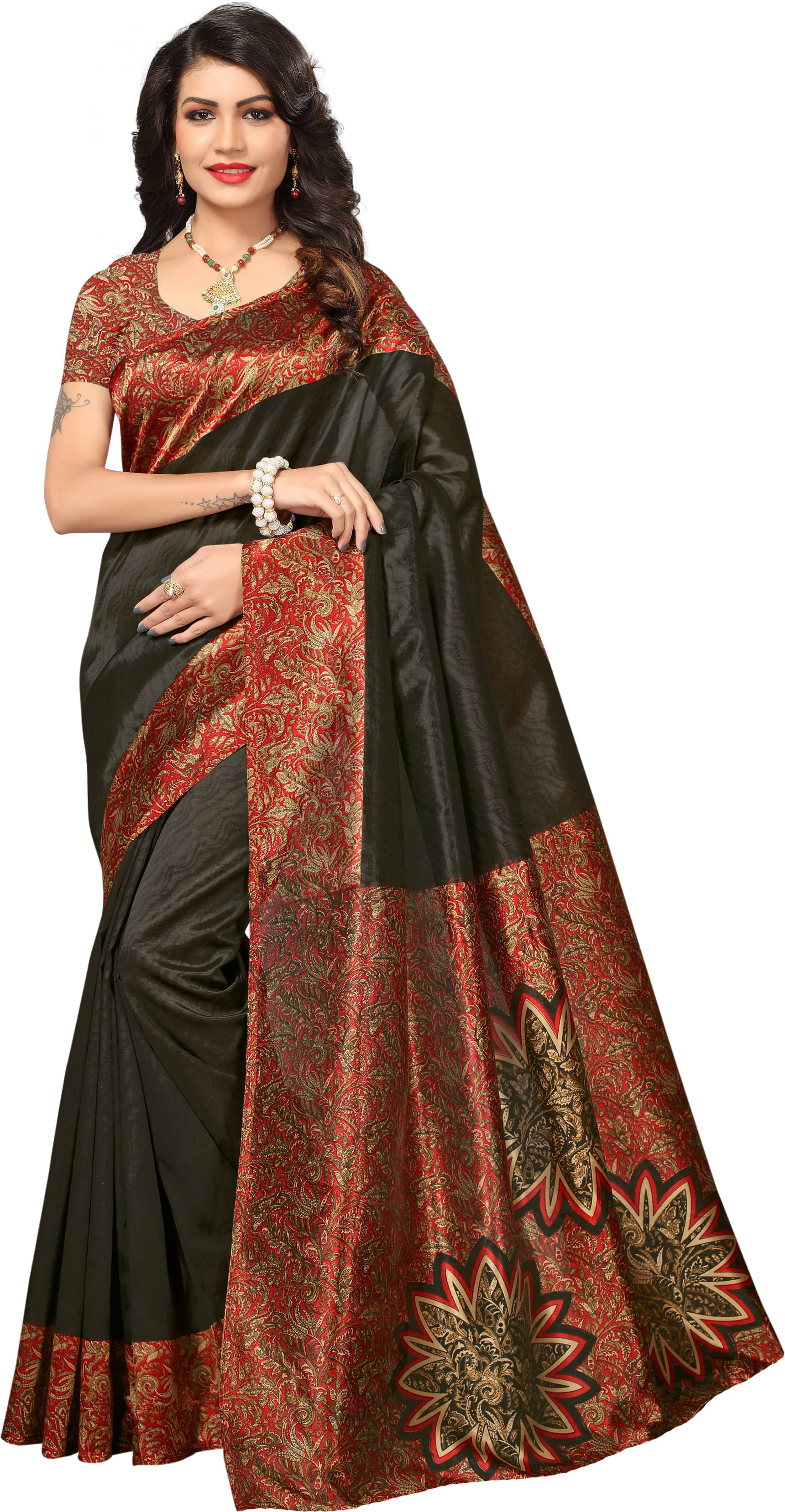     			Samai Cotton Silk Colorblock Saree With Unstitched Blouse Piece ( Black )