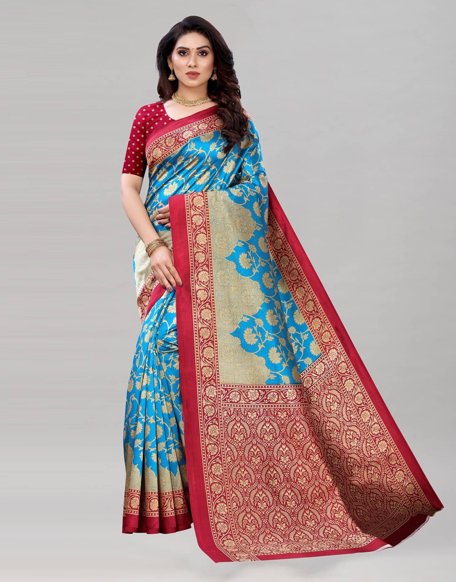     			Samai Cotton Silk Printed Saree With Unstitched Blouse Piece ( Blue )