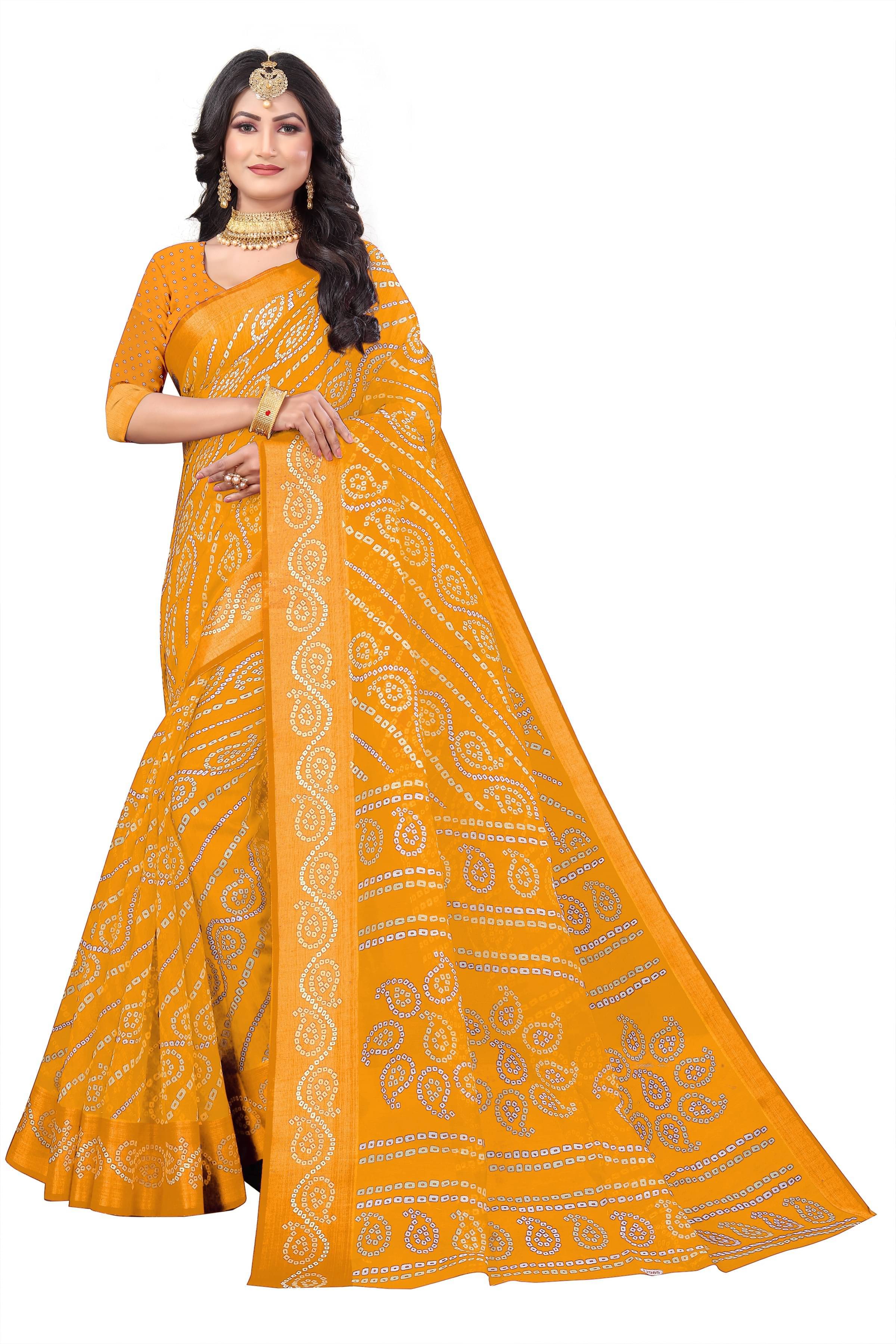     			Samai Cotton Silk Printed Saree With Unstitched Blouse Piece ( Yellow )