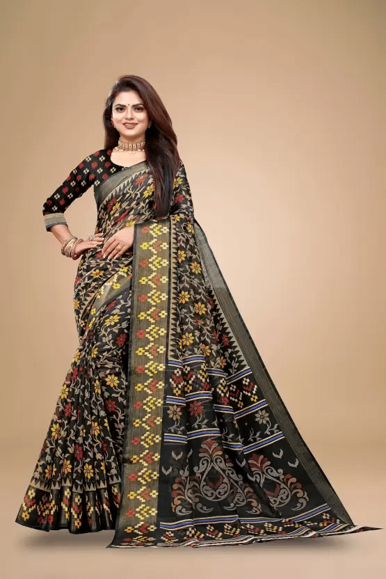     			Samai Cotton Silk Printed Saree With Unstitched Blouse Piece ( Black )