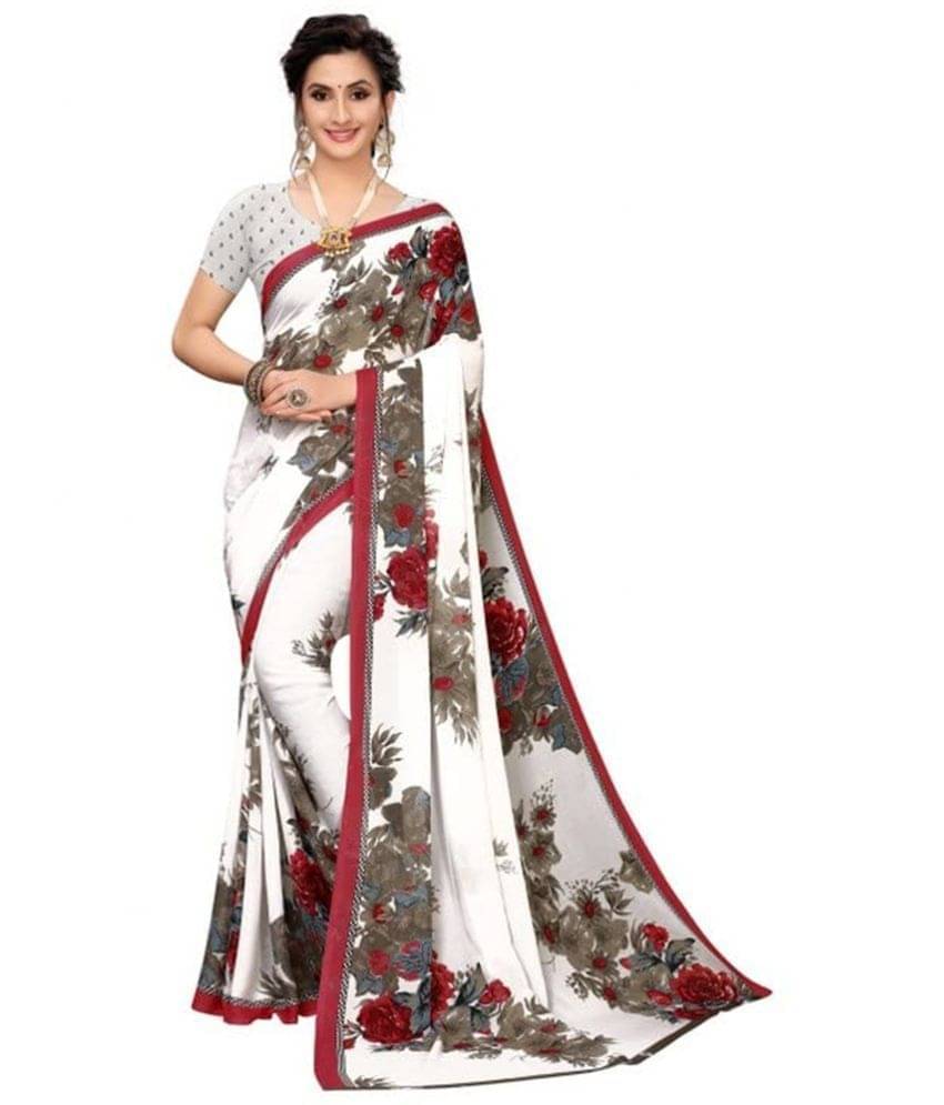     			Samai Cotton Silk Printed Saree With Unstitched Blouse Piece ( White )