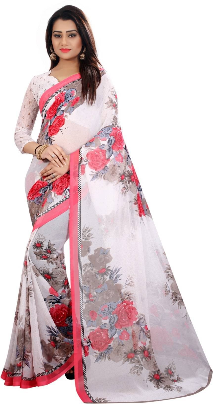     			Samai Georgette Printed Saree With Unstitched Blouse Piece ( White )