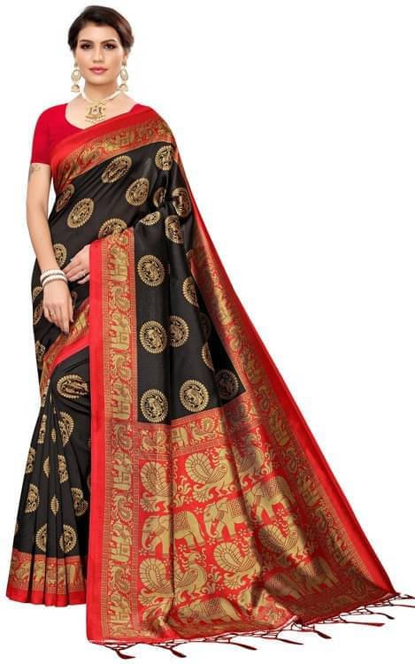     			Samai Georgette Printed Saree With Unstitched Blouse Piece ( Black )