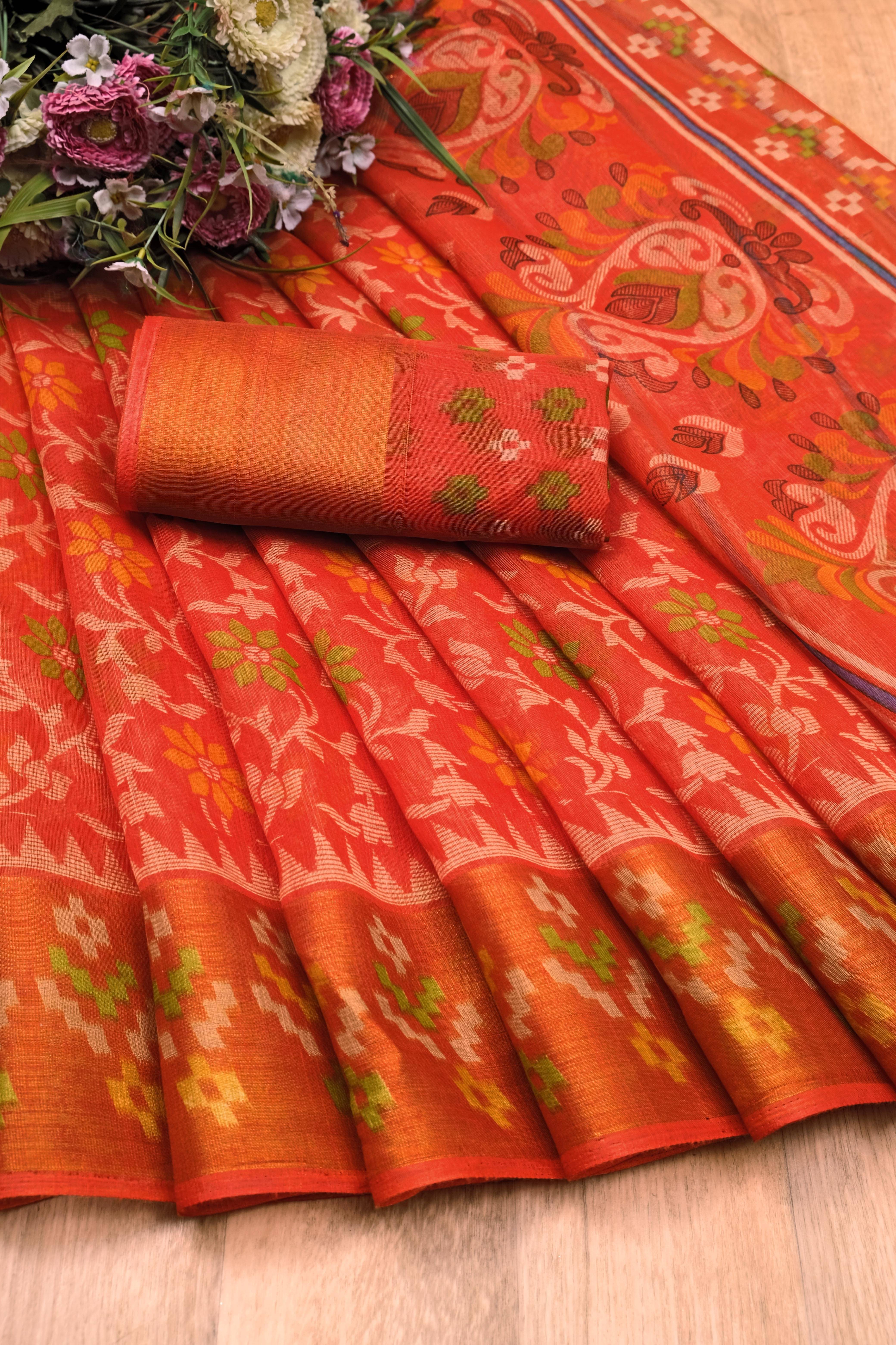     			Samai Net Cut Outs Saree With Unstitched Blouse Piece ( Orange )
