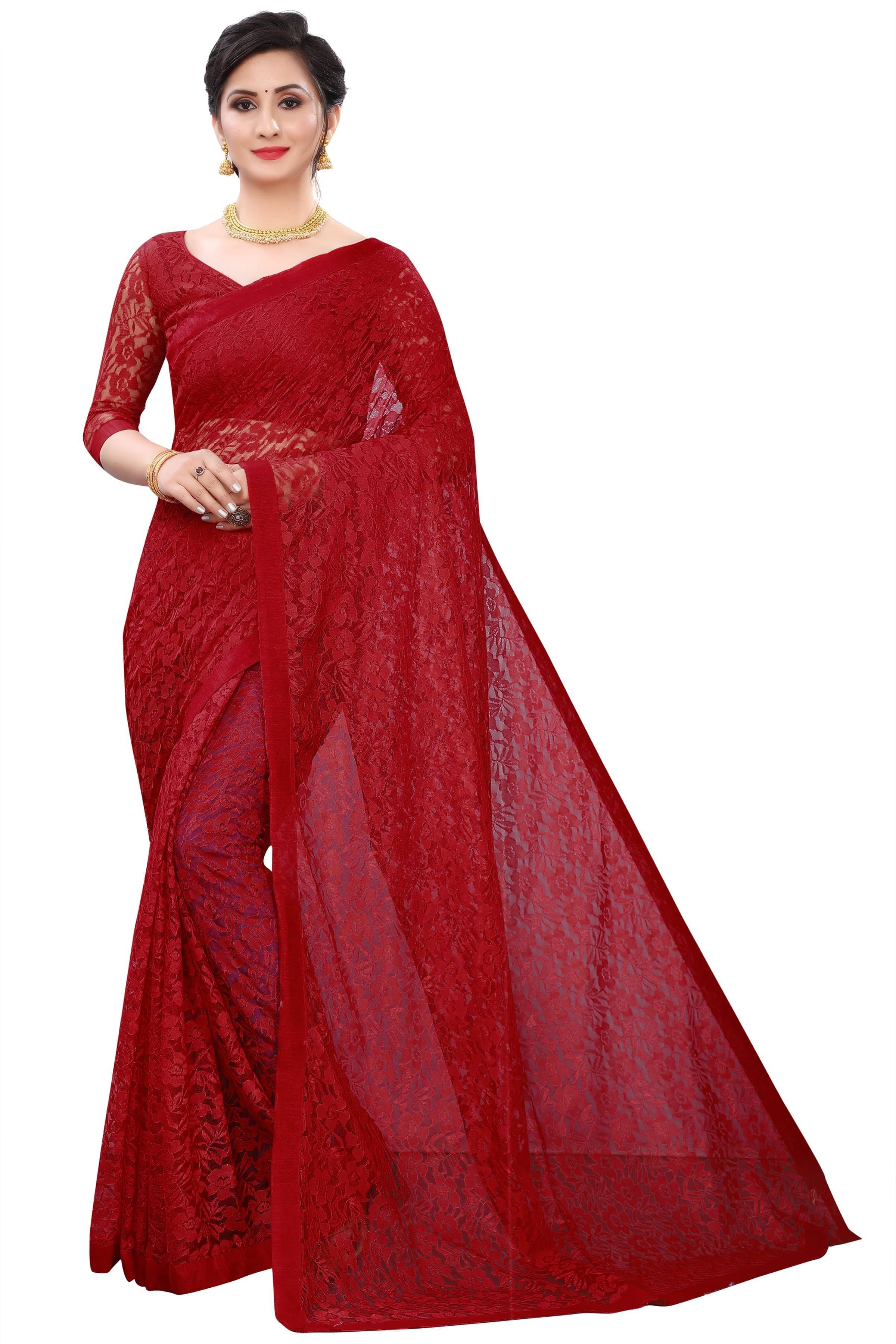 Samai Net Embroidered Saree With Unstitched Blouse Piece ( Maroon ) Samai Net Embroidered Saree With Unstitched Blouse Piece ( Maroon )