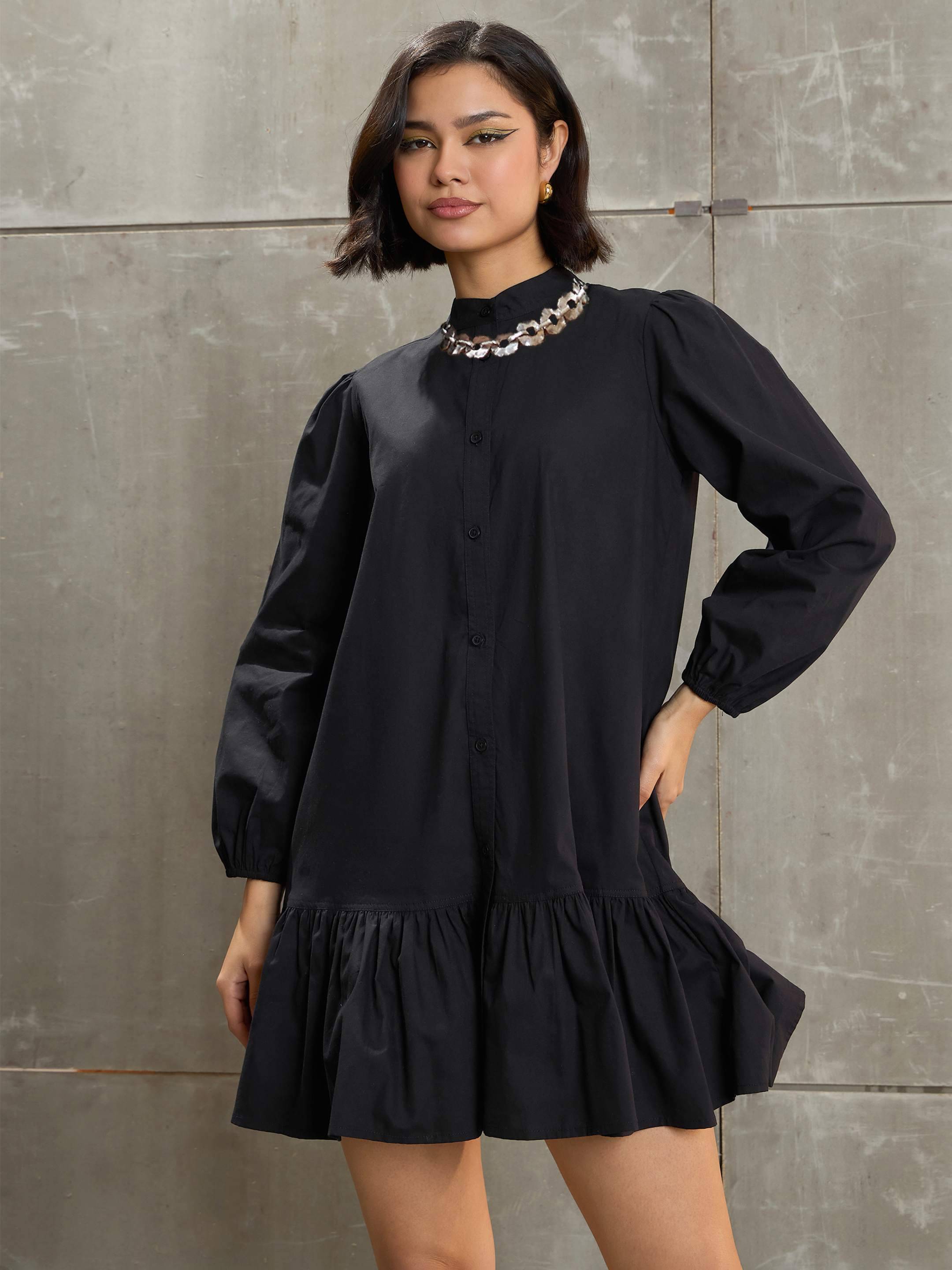 Sassafras Women Cotton Solid A-line Dress ( Black ) Sassafras Women Cotton Solid A-line Dress ( Black )