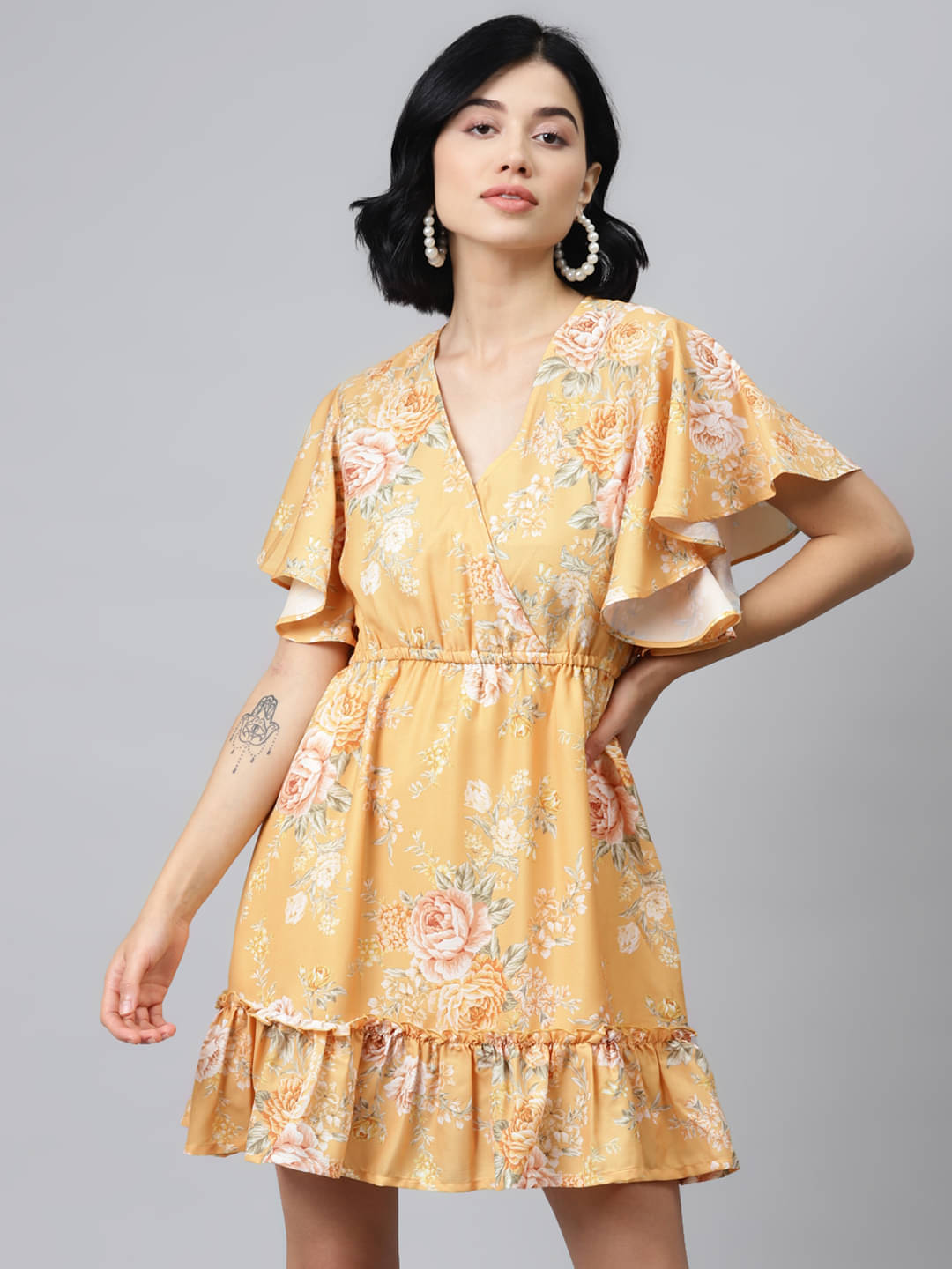 Sassafras Women Polyester Printed Wrap Dress ( Mustard ) Sassafras Women Polyester Printed Wrap Dress ( Mustard )