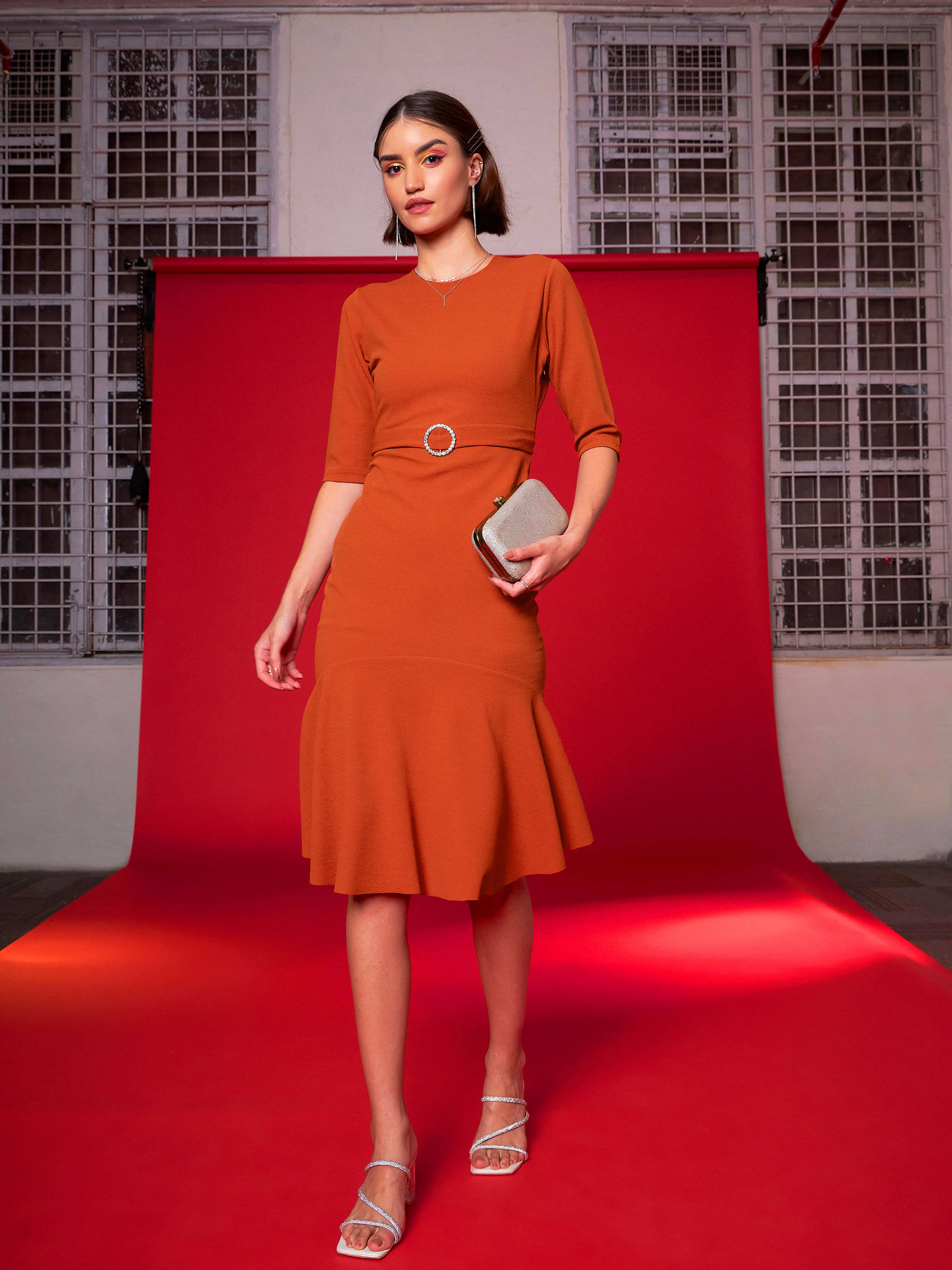 Sassafras Women Polyester Self Design A-line Dress ( Orange ) Sassafras Women Polyester Self Design A-line Dress ( Orange )