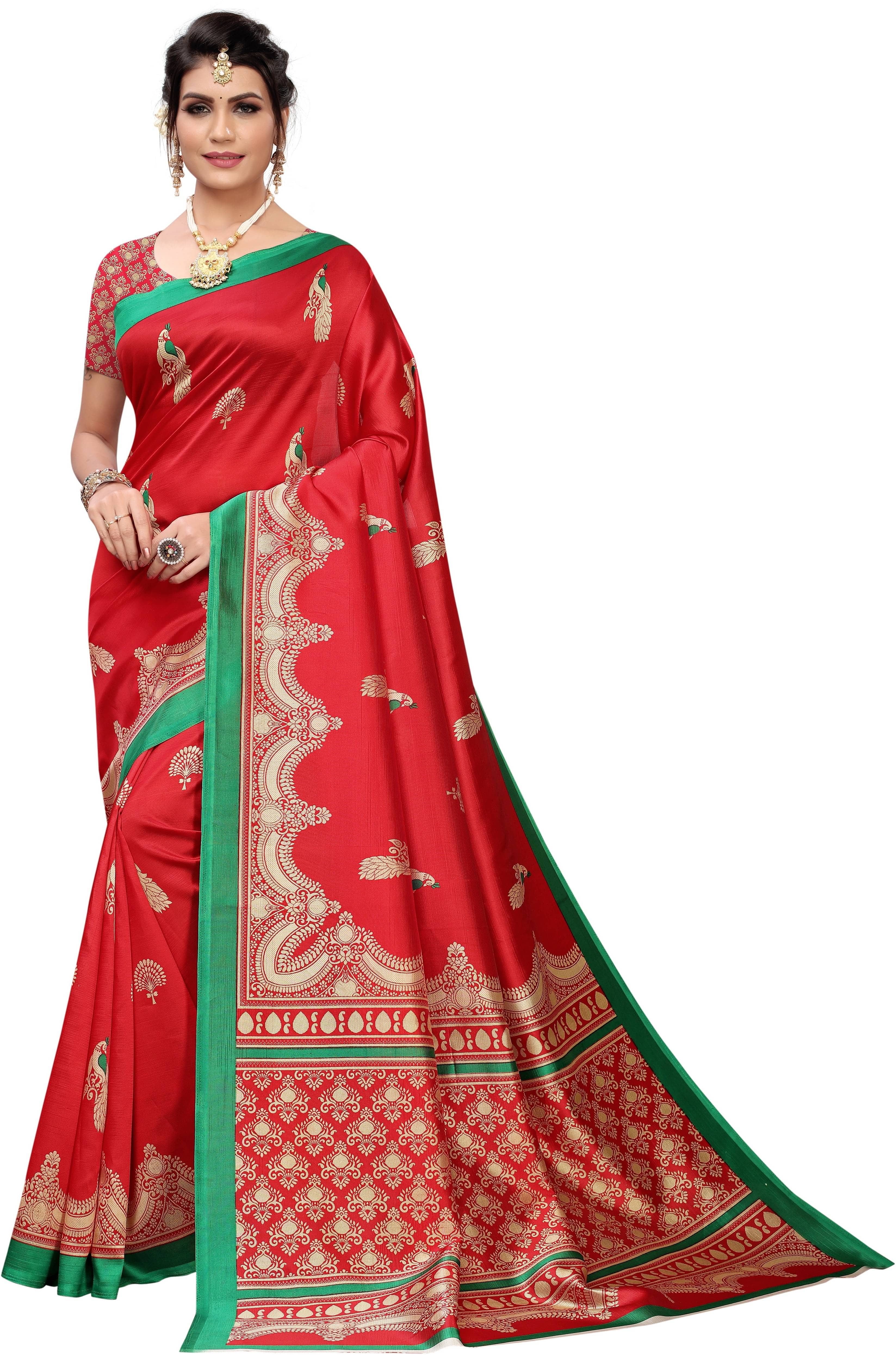 Suntex Art Silk Printed Saree With Unstitched Blouse Piece ( Red ) - Sarees | Buy online on ZillyBuy