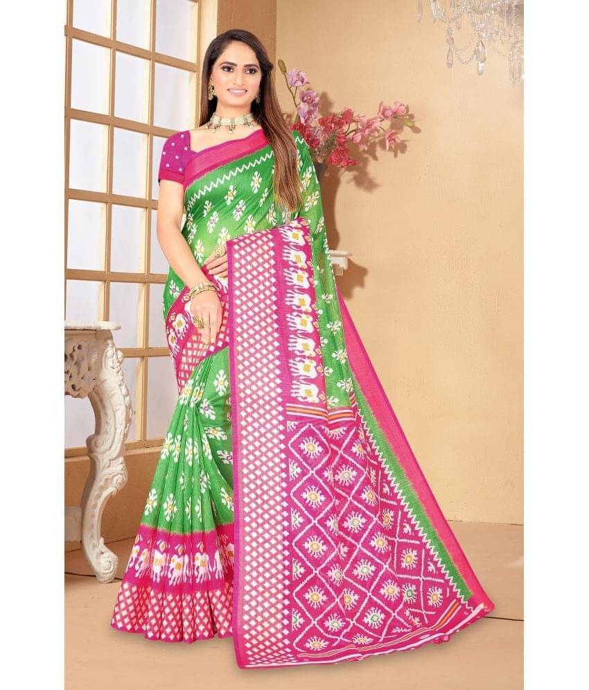     			Suntex Art Silk Printed Saree With Unstitched Blouse Piece ( Green )