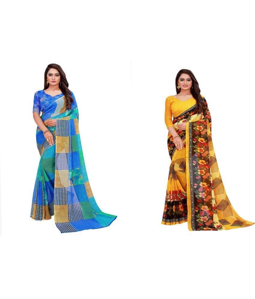     			Suntex Georgette Printed Saree With Unstitched Blouse Piece ( Blue )