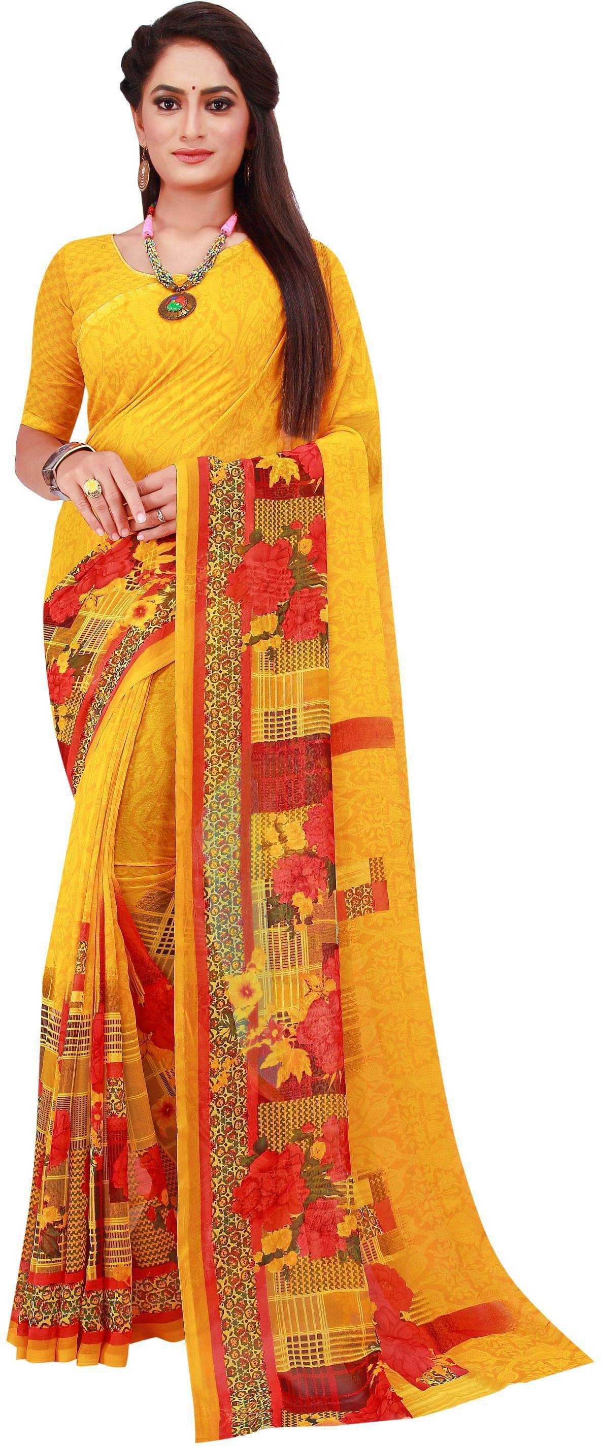     			Suntex Net Cut Outs Saree With Unstitched Blouse Piece ( Yellow )
