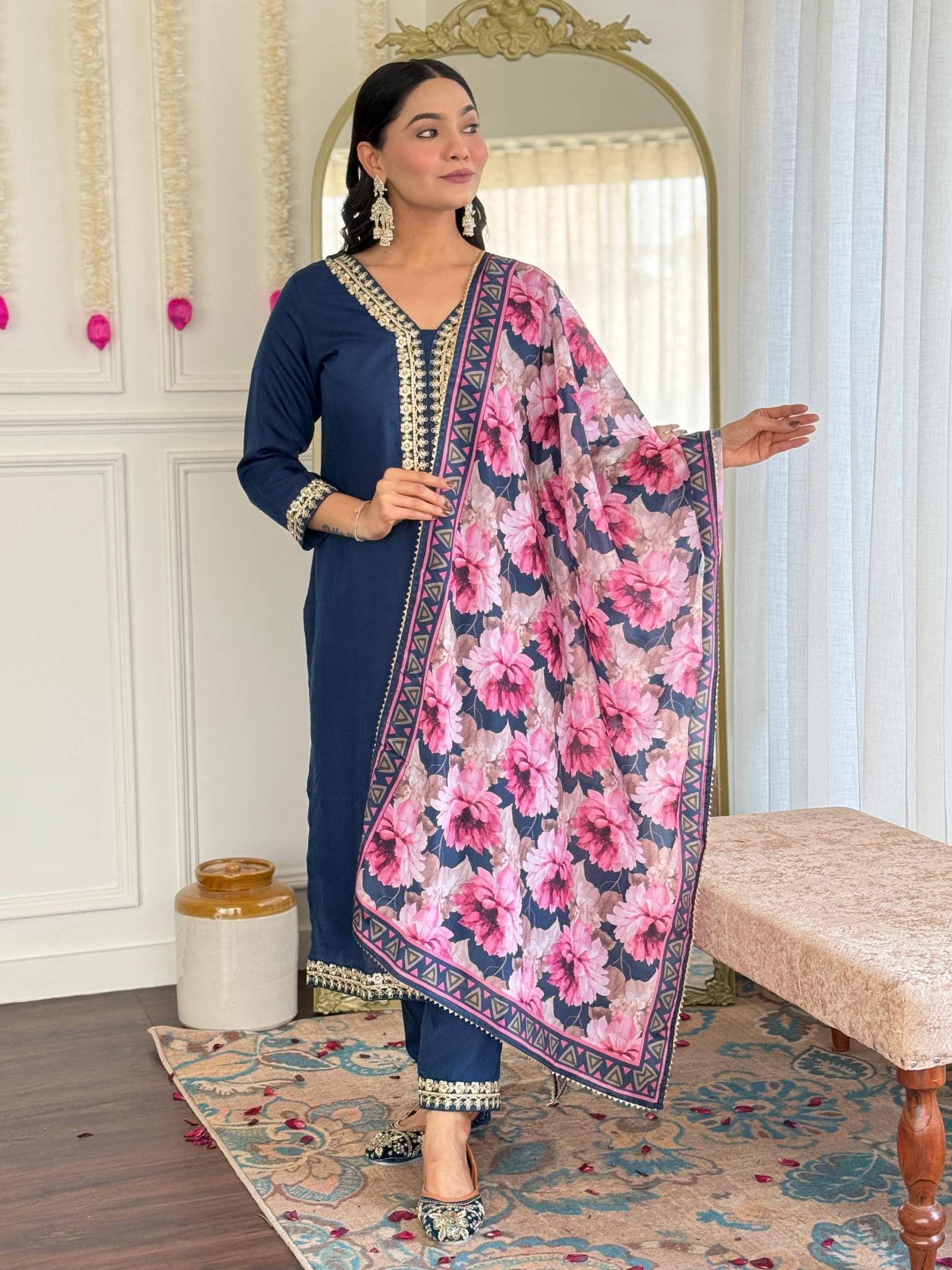     			THE52 Women Viscose Embroidered Straight Kurti With Pants ( Teal )