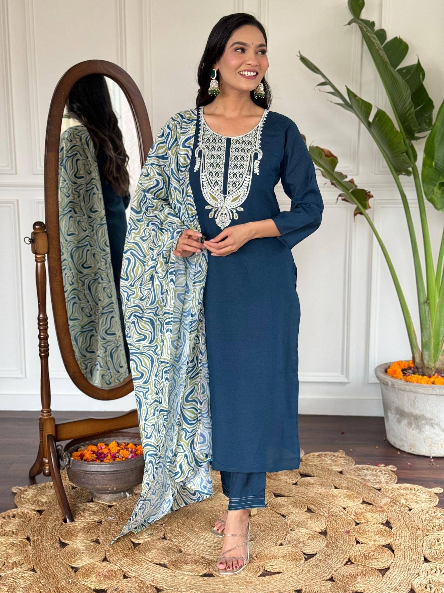     			THE52 Women Viscose Embroidered Straight Kurti With Pants ( Teal )