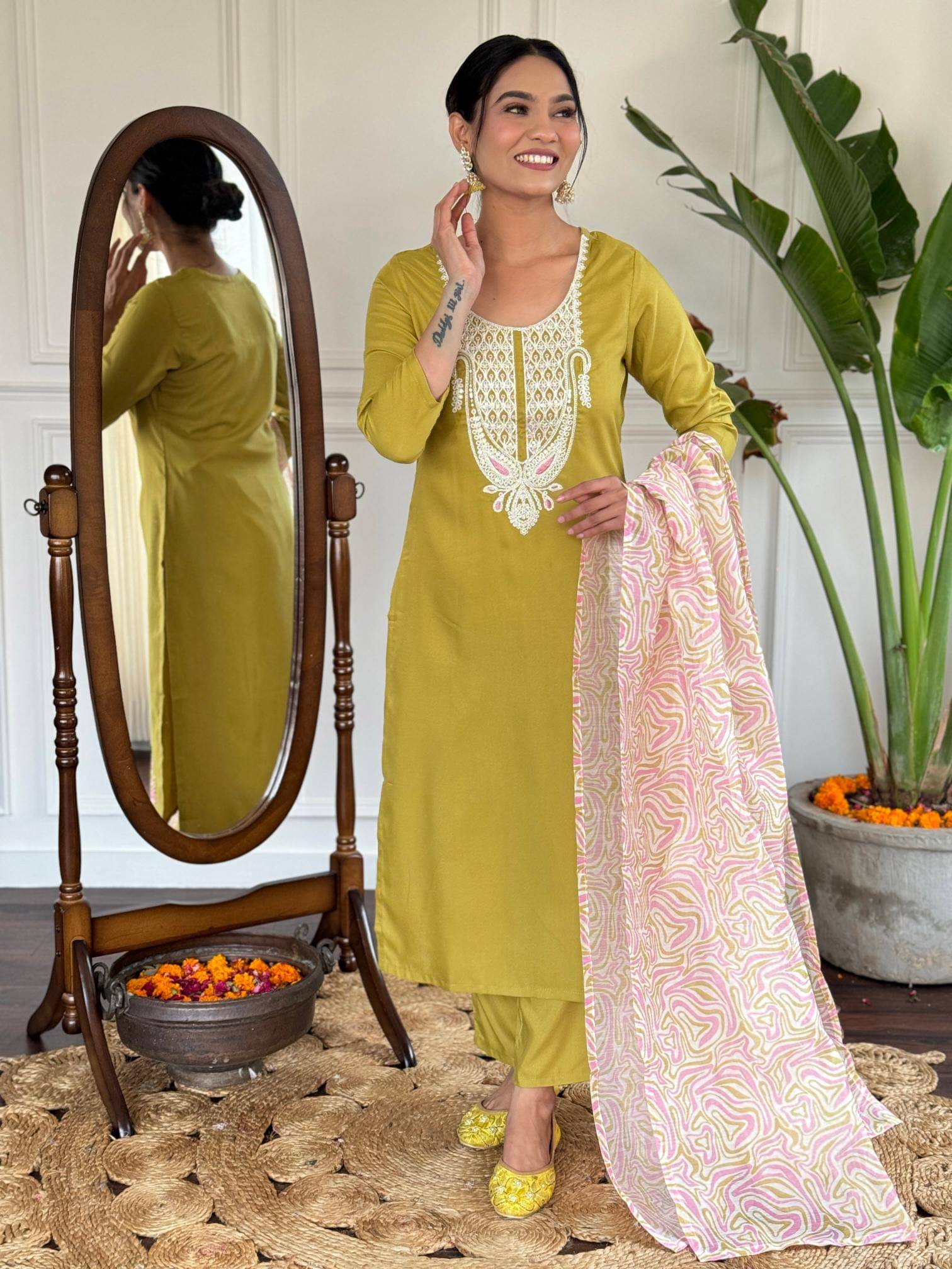     			THE52 Women Viscose Embroidered Straight Kurti With Pants ( Lime Green )