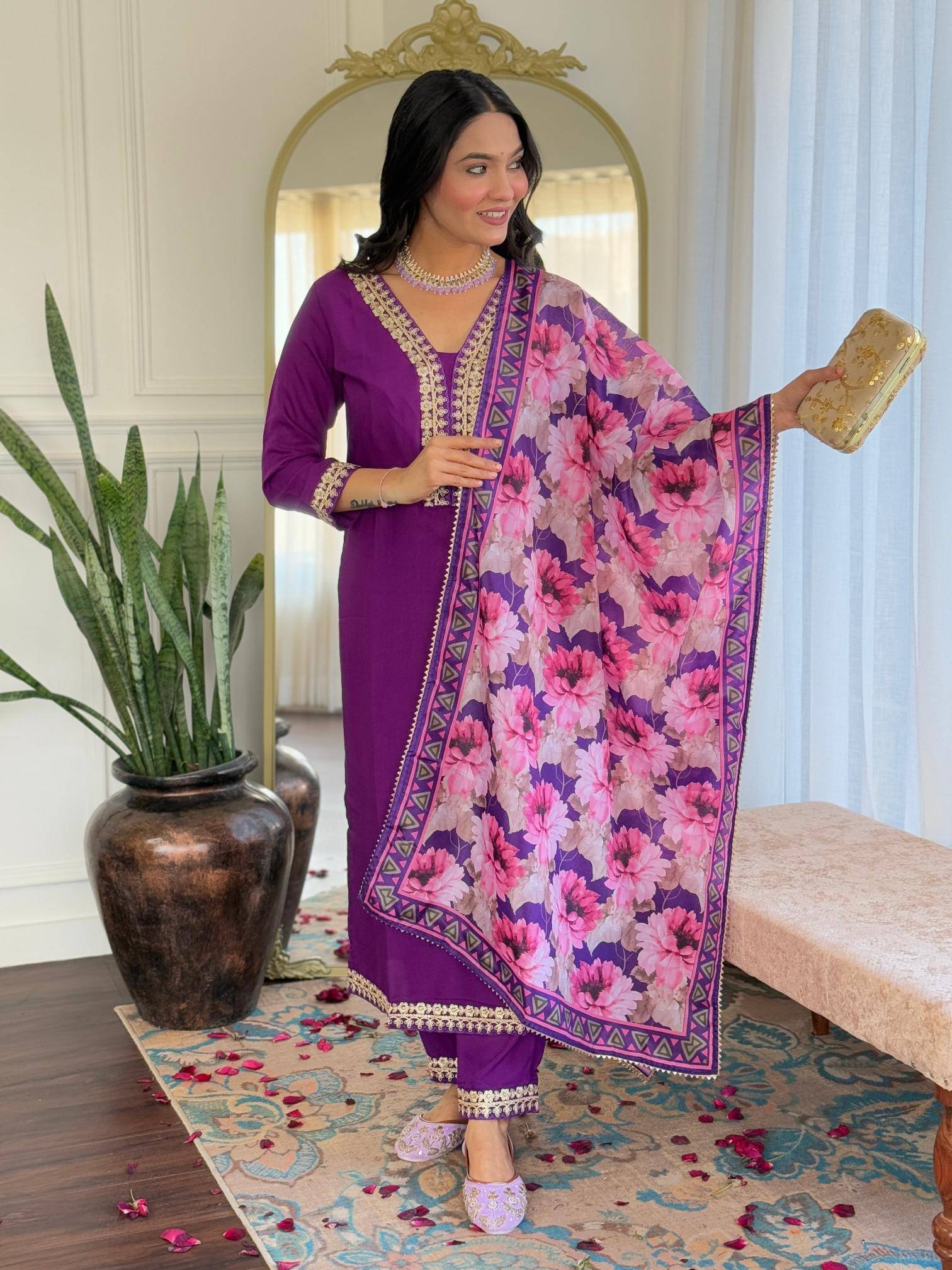     			THE52 Women Viscose Embroidered Straight Kurti With Pants ( Violet )