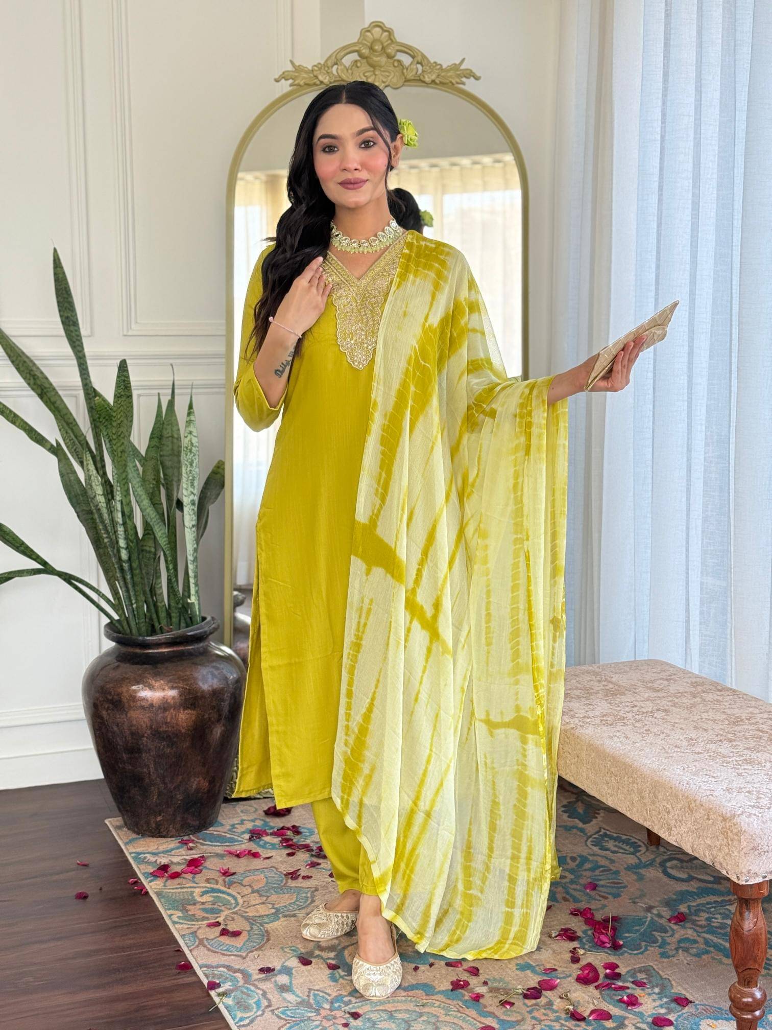     			THE52 Women Viscose Embroidered Straight Kurti With Pants ( Lime Green )