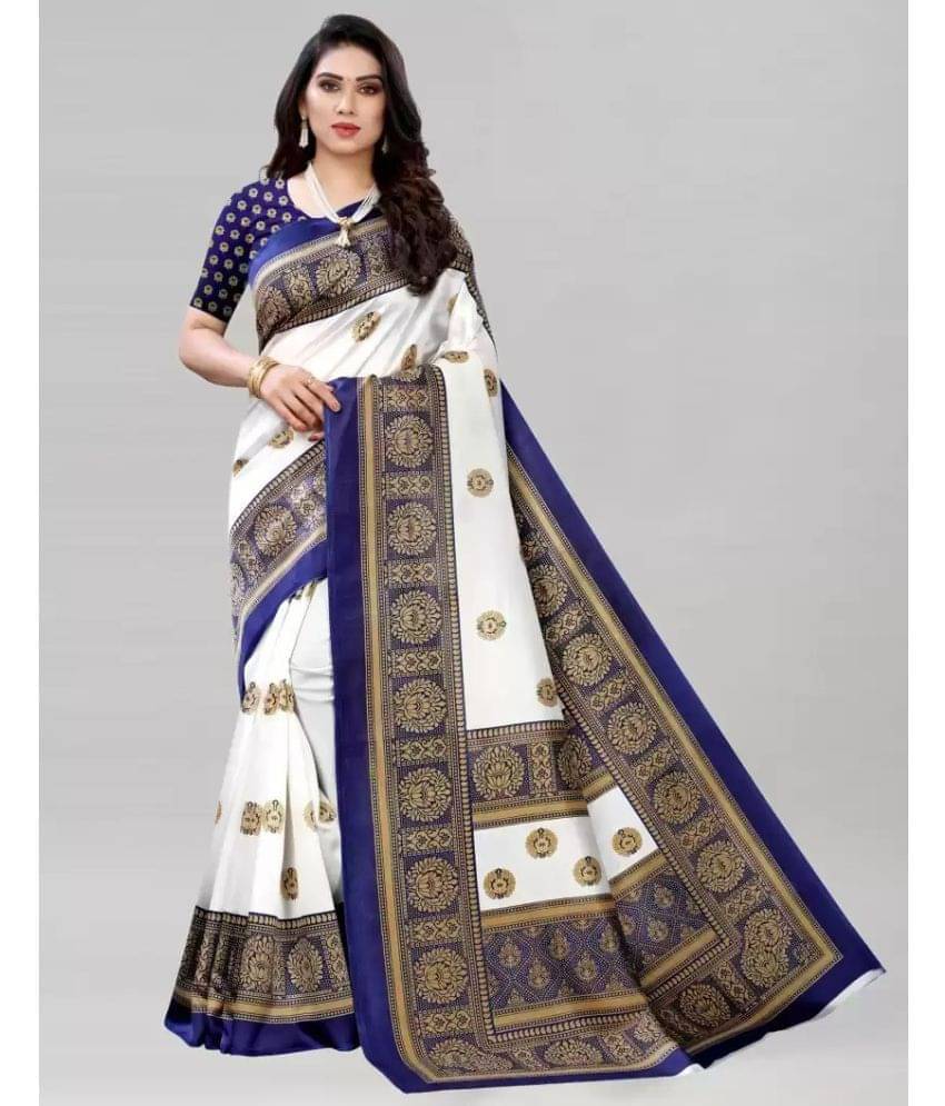     			Vkaran Art Silk Printed Saree With Unstitched Blouse Piece ( White )
