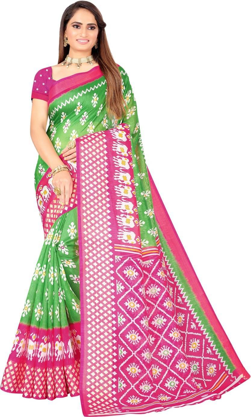     			Vkaran Art Silk Printed Saree With Unstitched Blouse Piece ( Green )