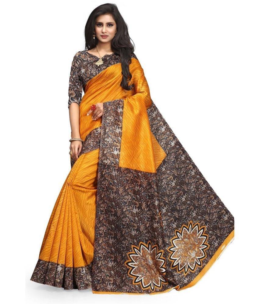     			Vkaran Art Silk Printed Saree With Unstitched Blouse Piece ( Yellow )