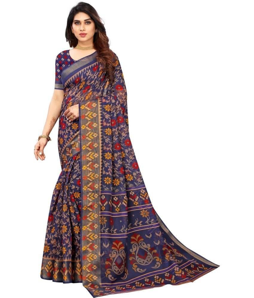     			Vkaran Cotton Silk Applique Saree With Unstitched Blouse Piece ( Navy Blue )