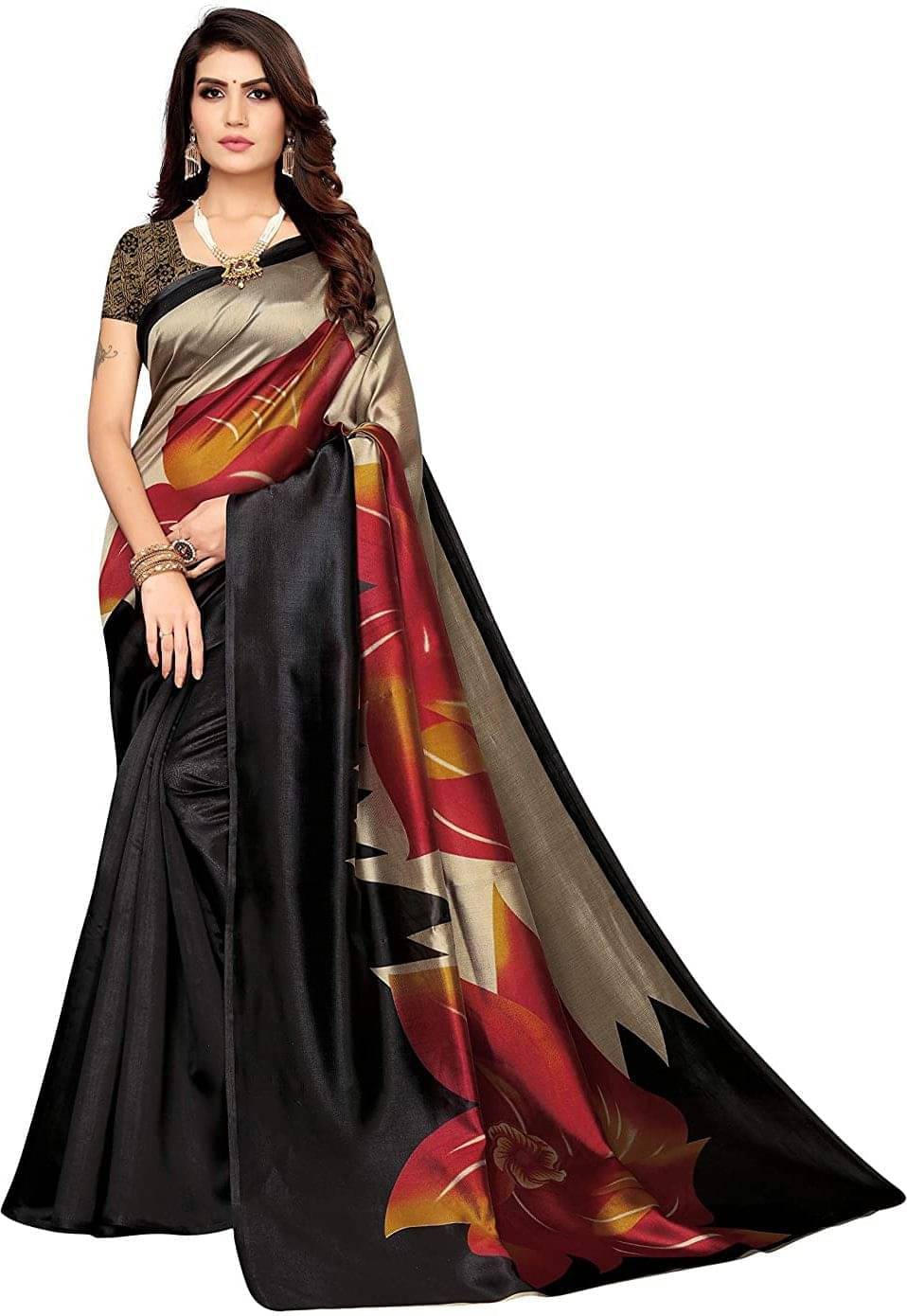     			Vkaran Cotton Silk Printed Saree With Unstitched Blouse Piece ( Grey )